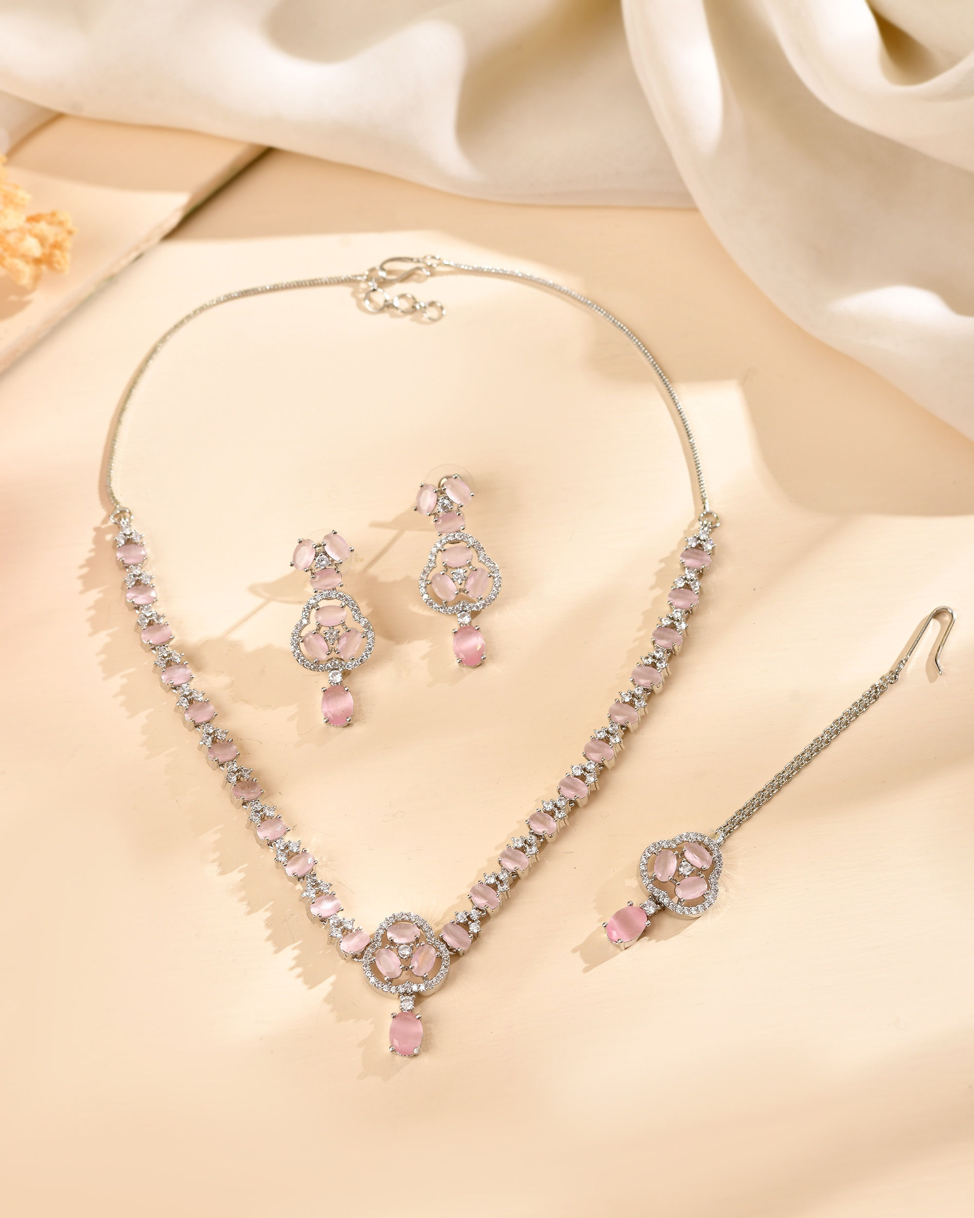 Silver Plated Baby Pink Stone Studded AD Jewellery Set With Maang Tikka