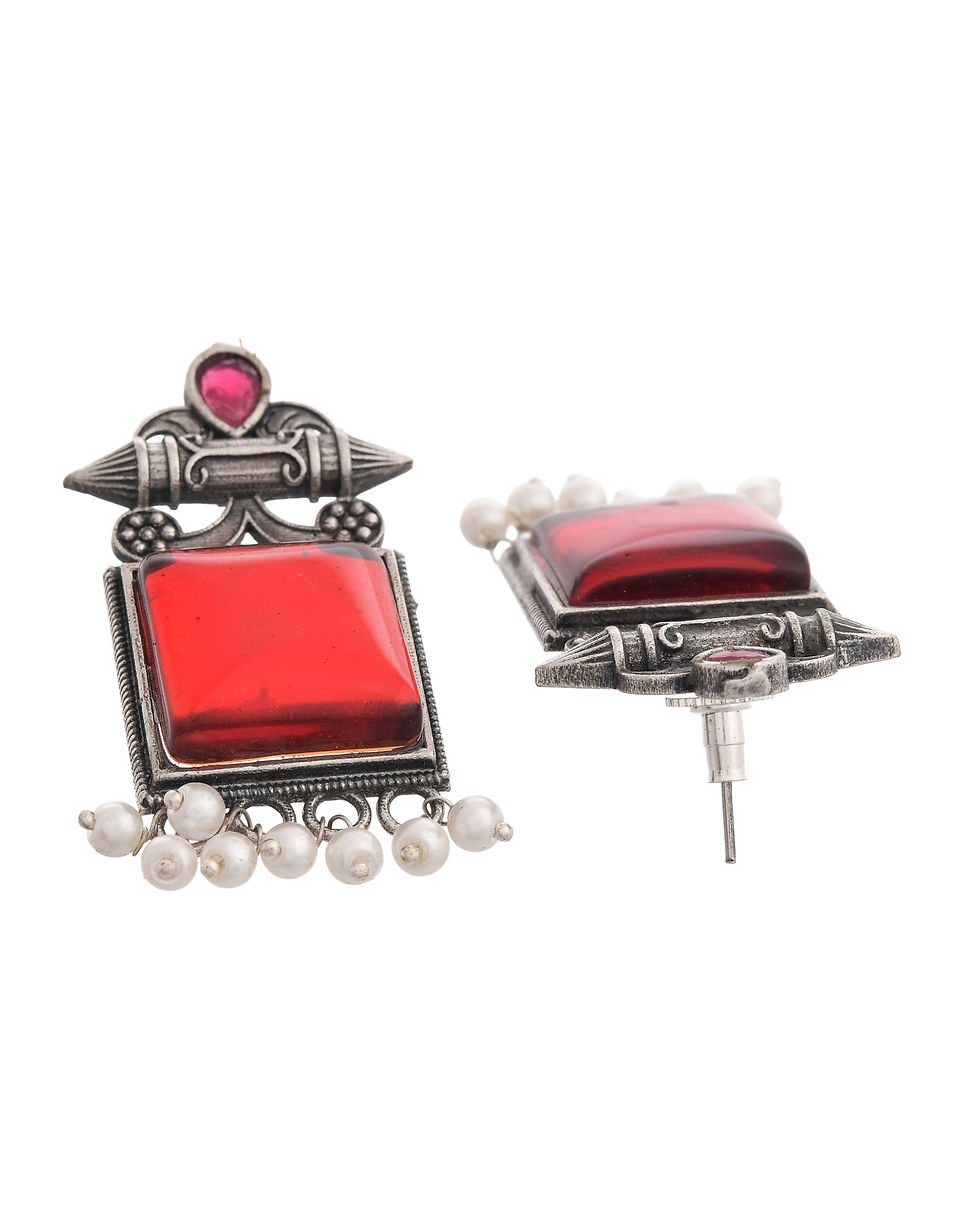 Thumbnail: Silver Plated Oxidized Red Stone Studded Earrings