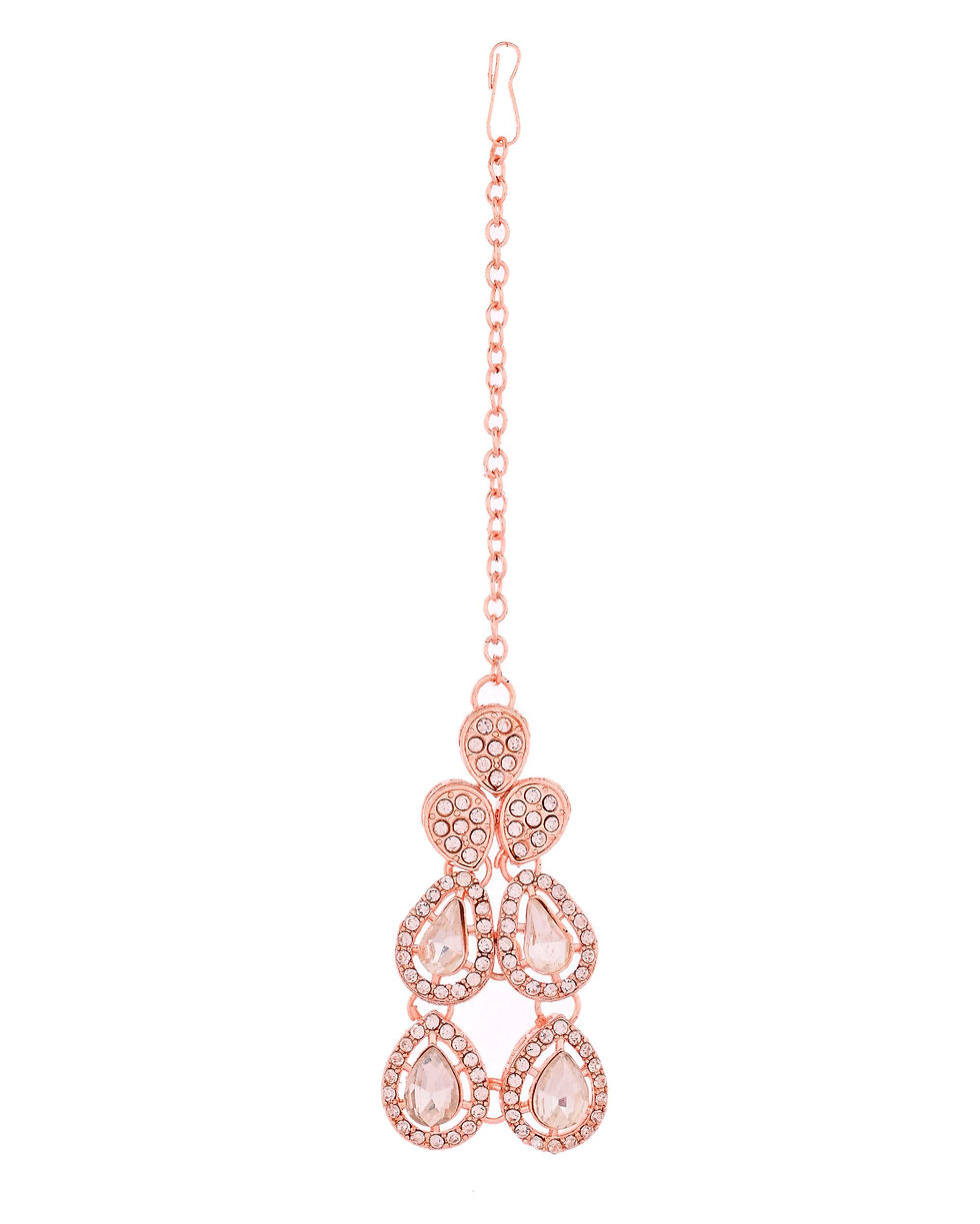 Thumbnail: Rose Gold -Plated CZ Studded Jewellery Set With Maang Tikka