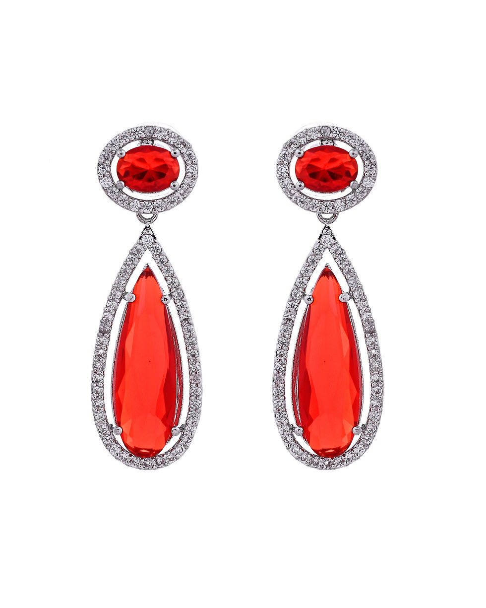 Thumbnail: Silver-Plated AD & Ruby Red Cubic Zirconia Studded Jewellery Set