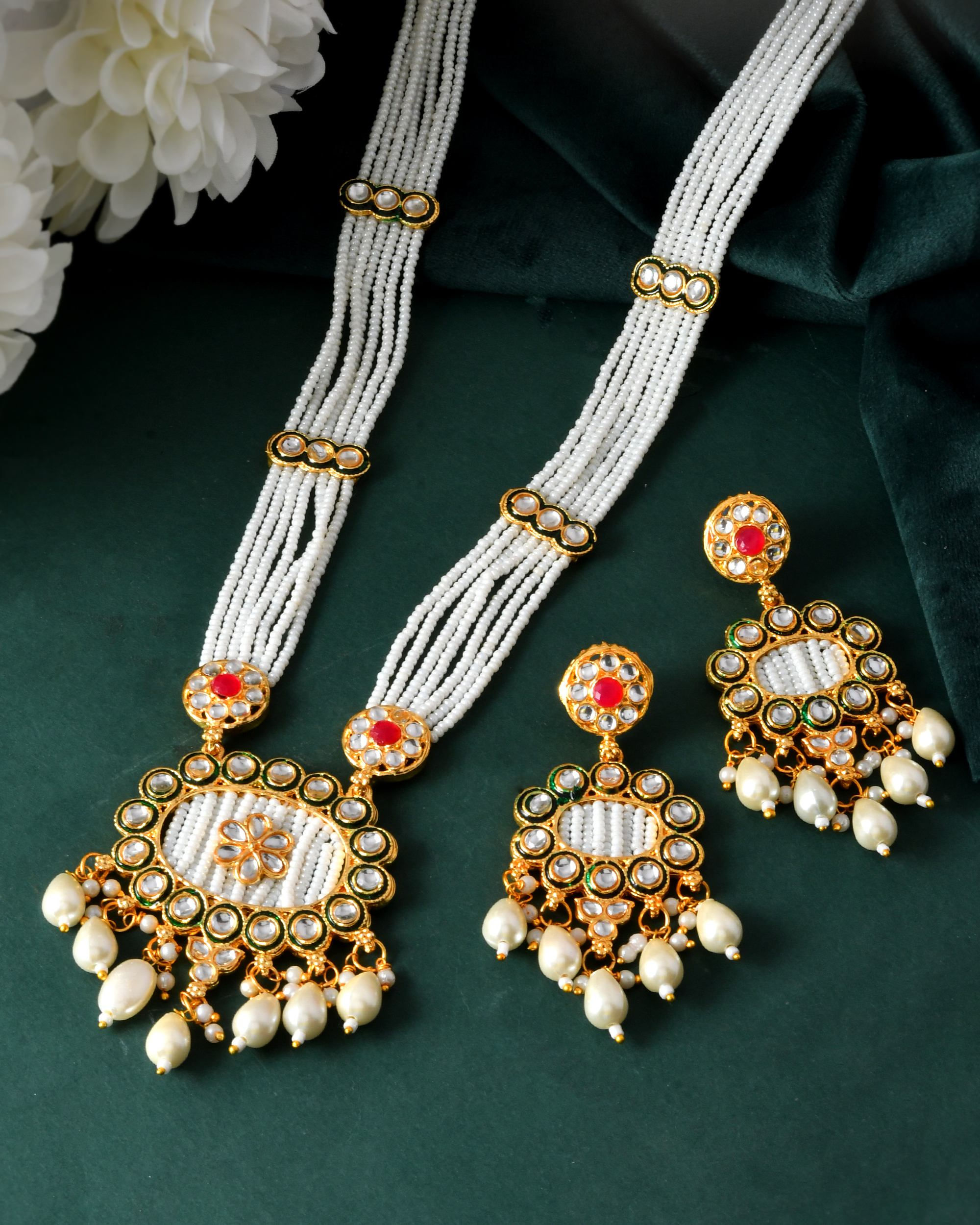 Gold Toned Artificial Beads Studded Long Necklace And Earrings Set