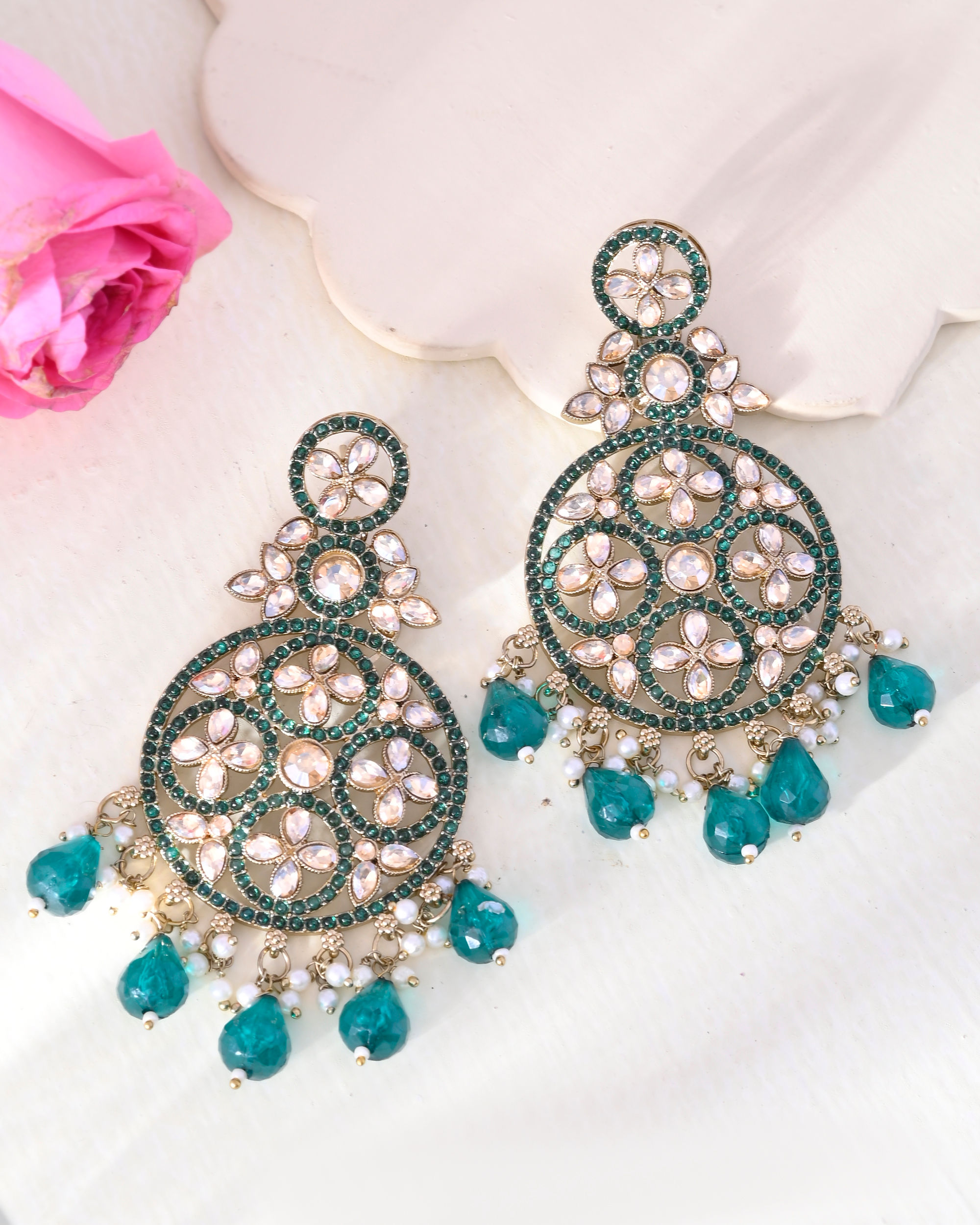 Teal Green Stone Studded Gold Plated Circle Shapped Earrings