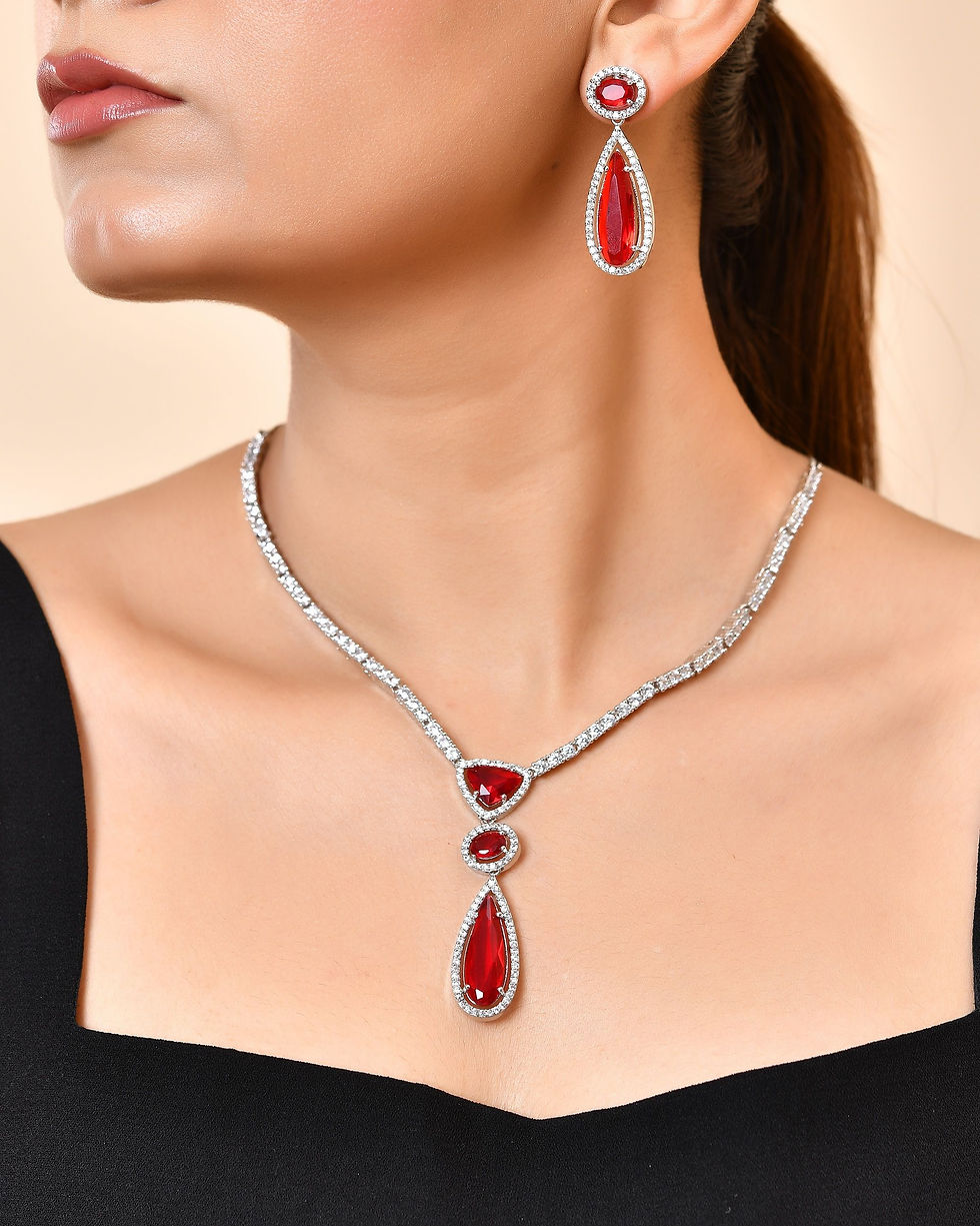 Thumbnail: Silver-Plated AD & Ruby Red Cubic Zirconia Studded Jewellery Set