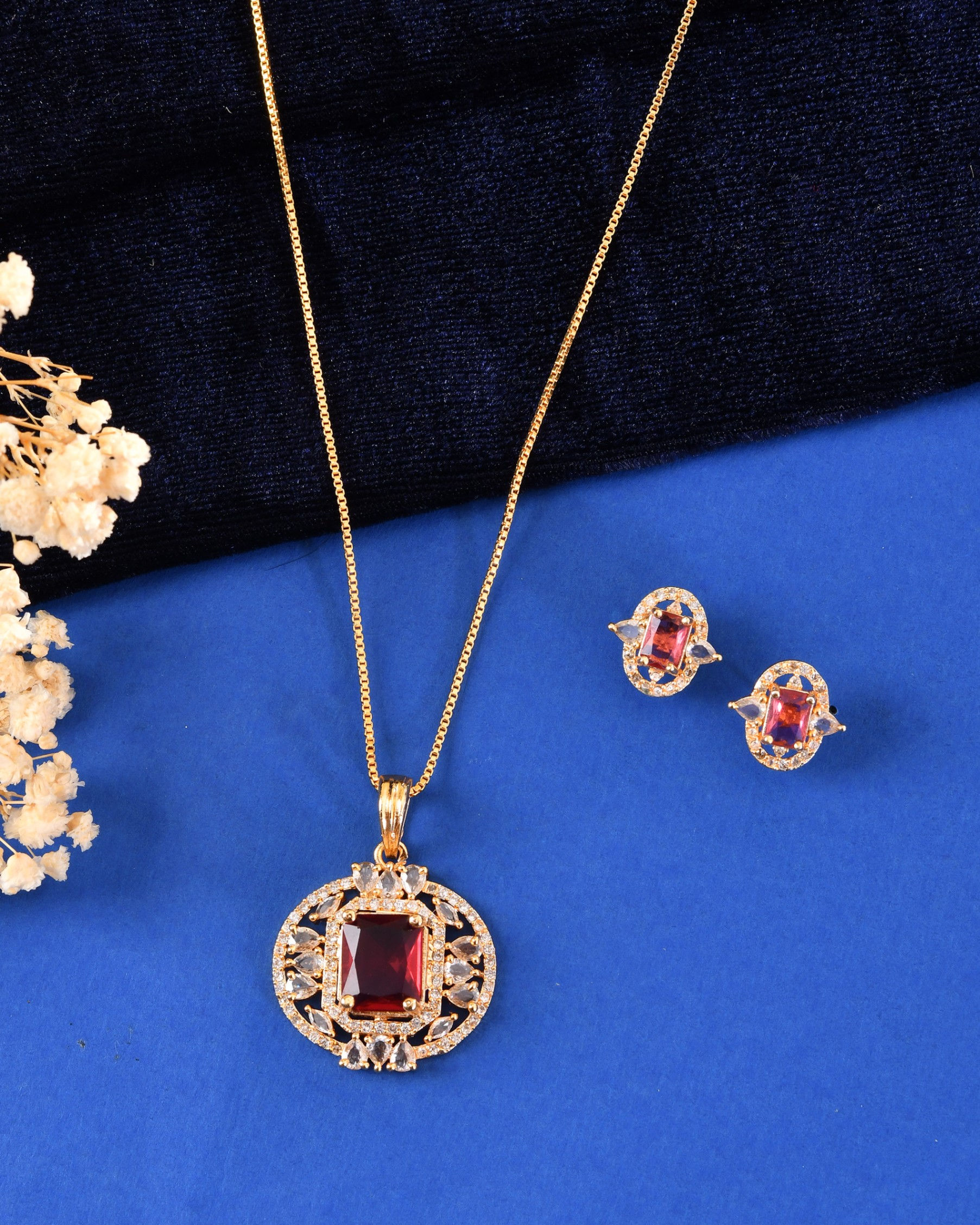 Gold Plated Ruby Red Rectangular CZ Stone Studded Chain Set