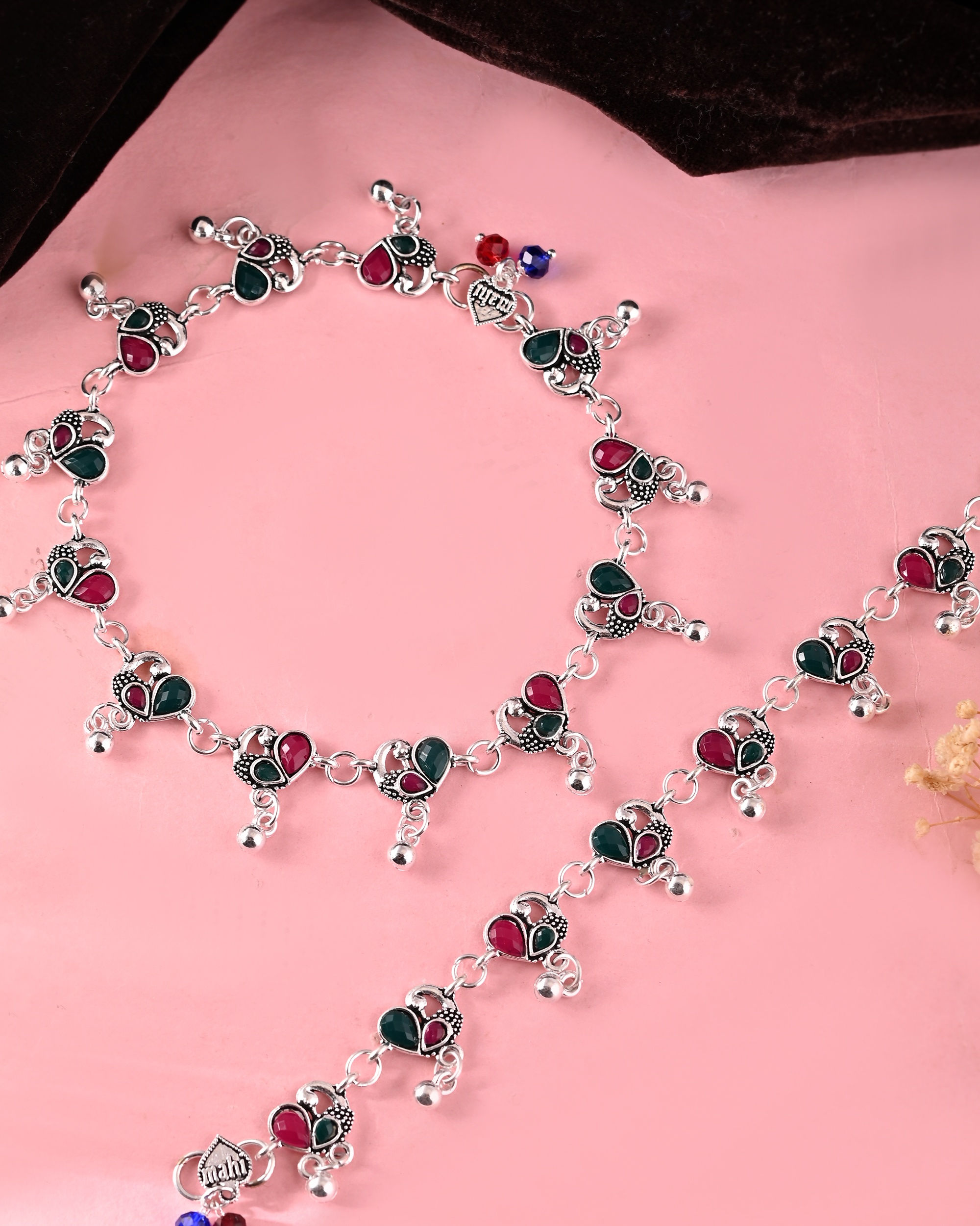 Set of 2 Silver Plated Peacock Shaped Stone Studded Anklet
