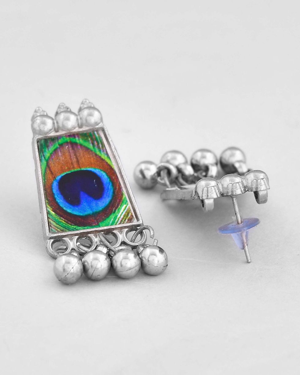 Thumbnail: Silver Plated Oxidized Peacock Print Hasli with Earring Set