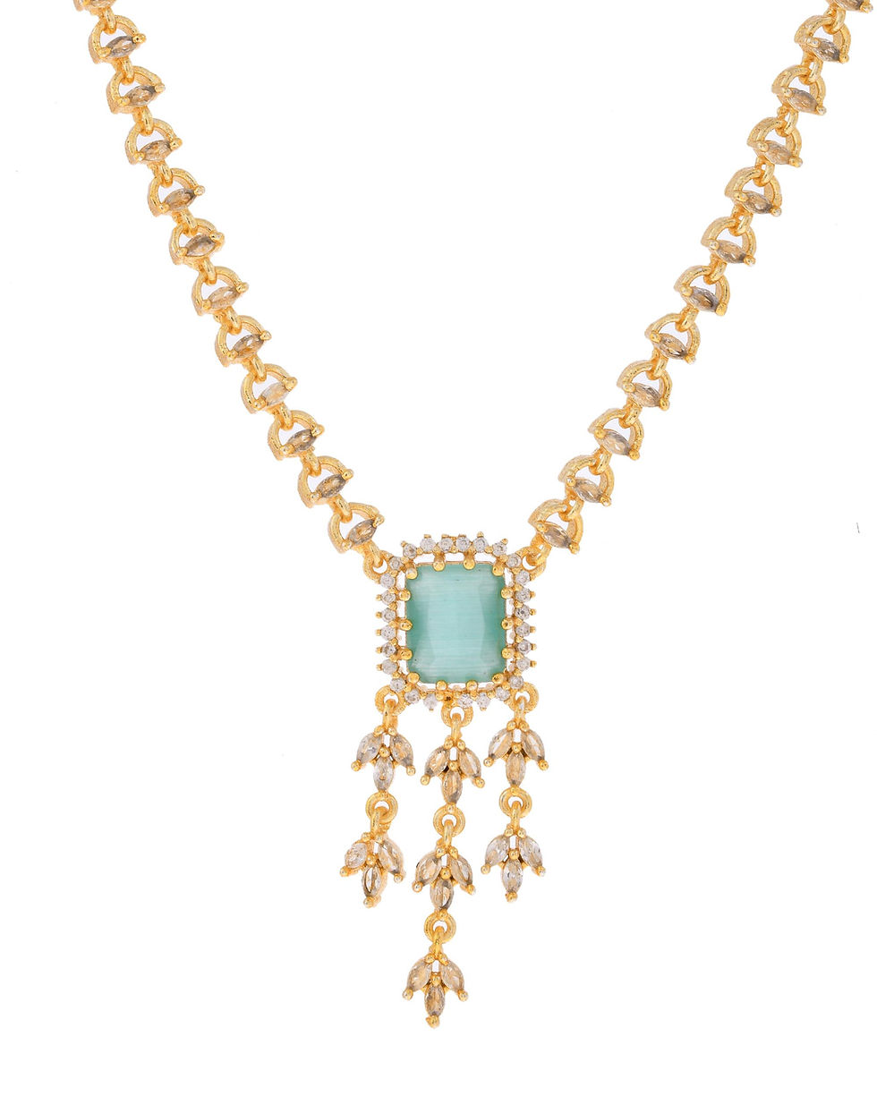 Thumbnail: Gold Plated AD-Studded Sea Green Stone Jewellery Set