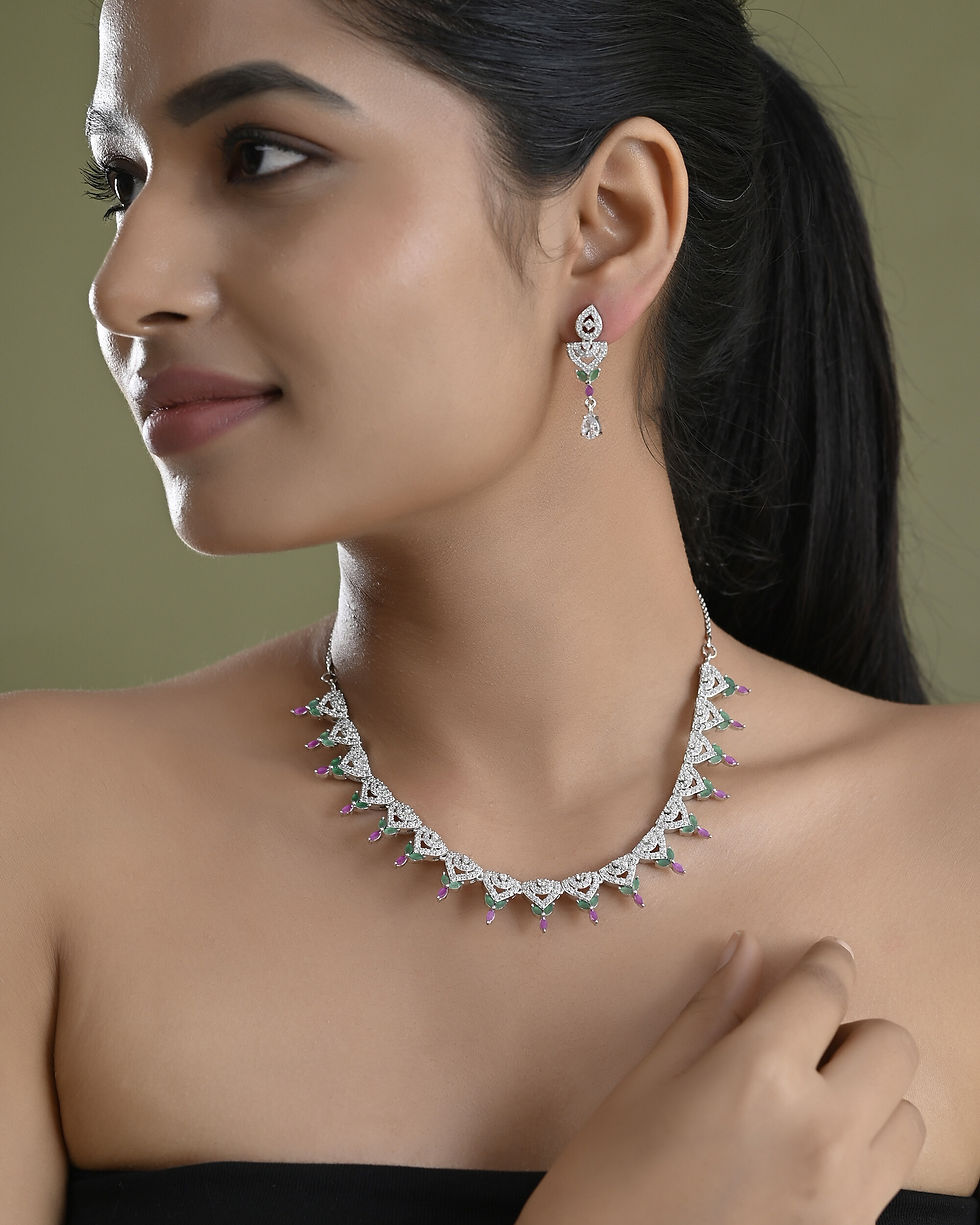 Thumbnail: Silver Plated Green And Pink Stone AD Necklace And Earrings Set