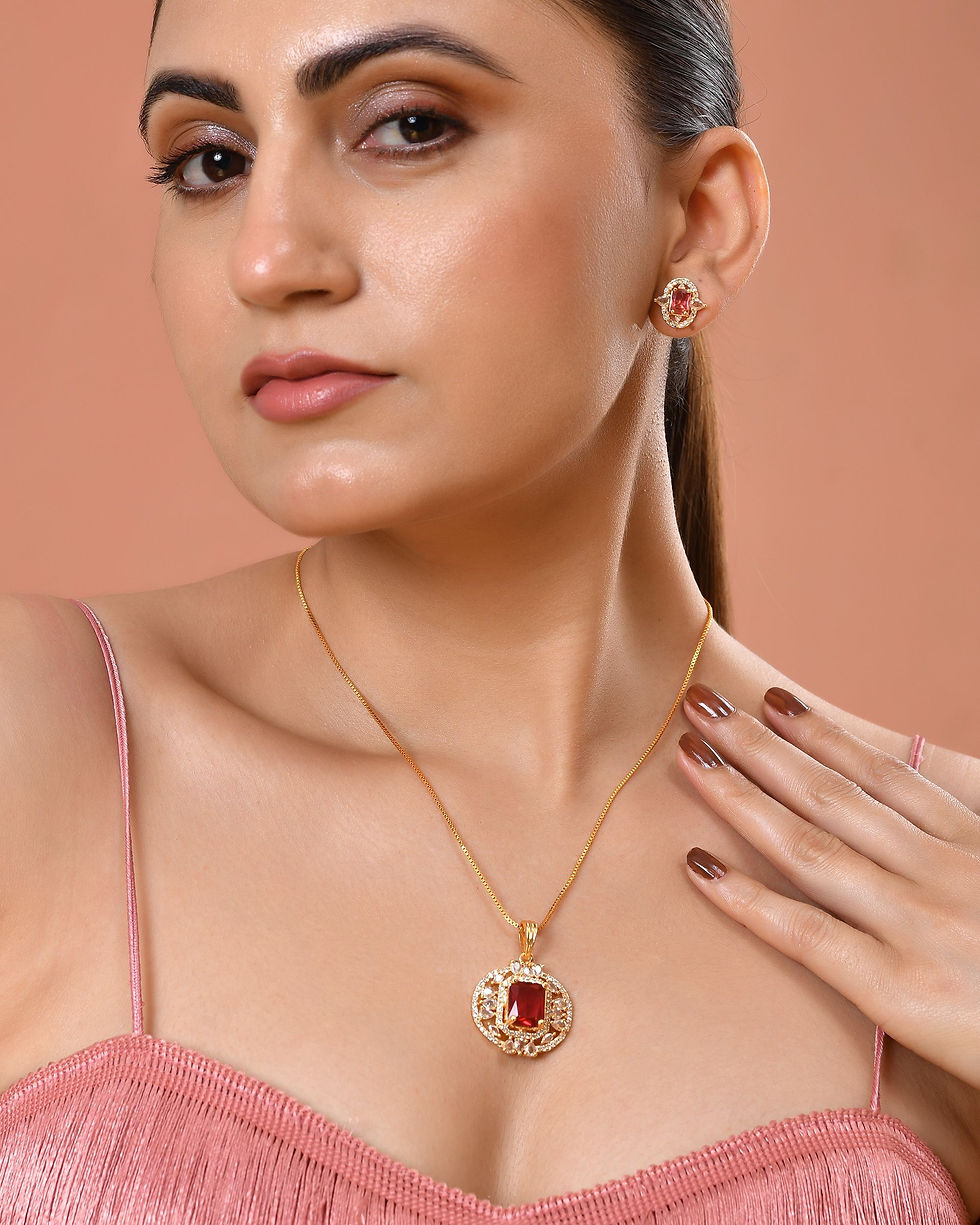 Thumbnail: Gold Plated Ruby Red Rectangular CZ Stone Studded Chain Set