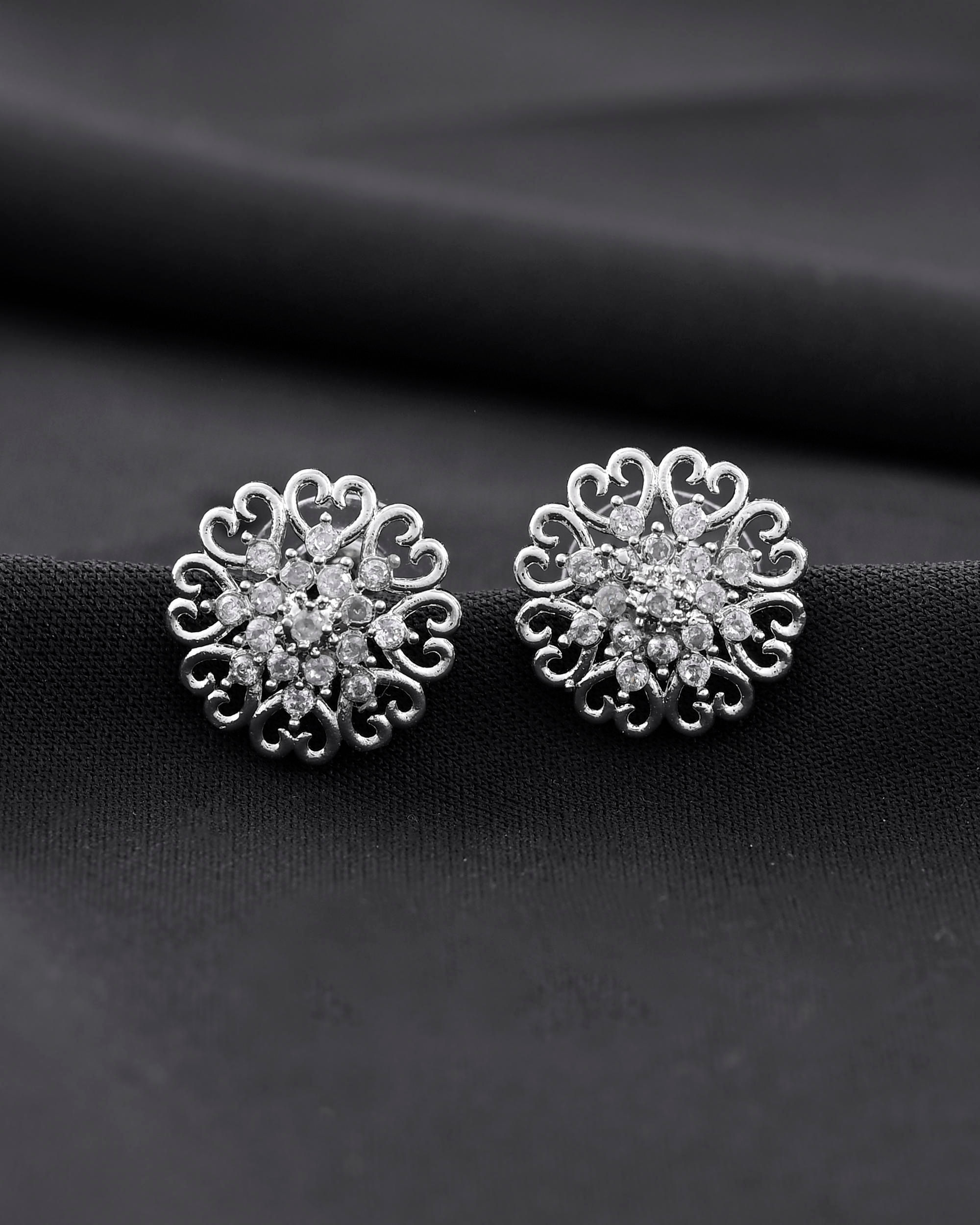 Silver Plated AD-Studded Flower Shape Stud Earrings