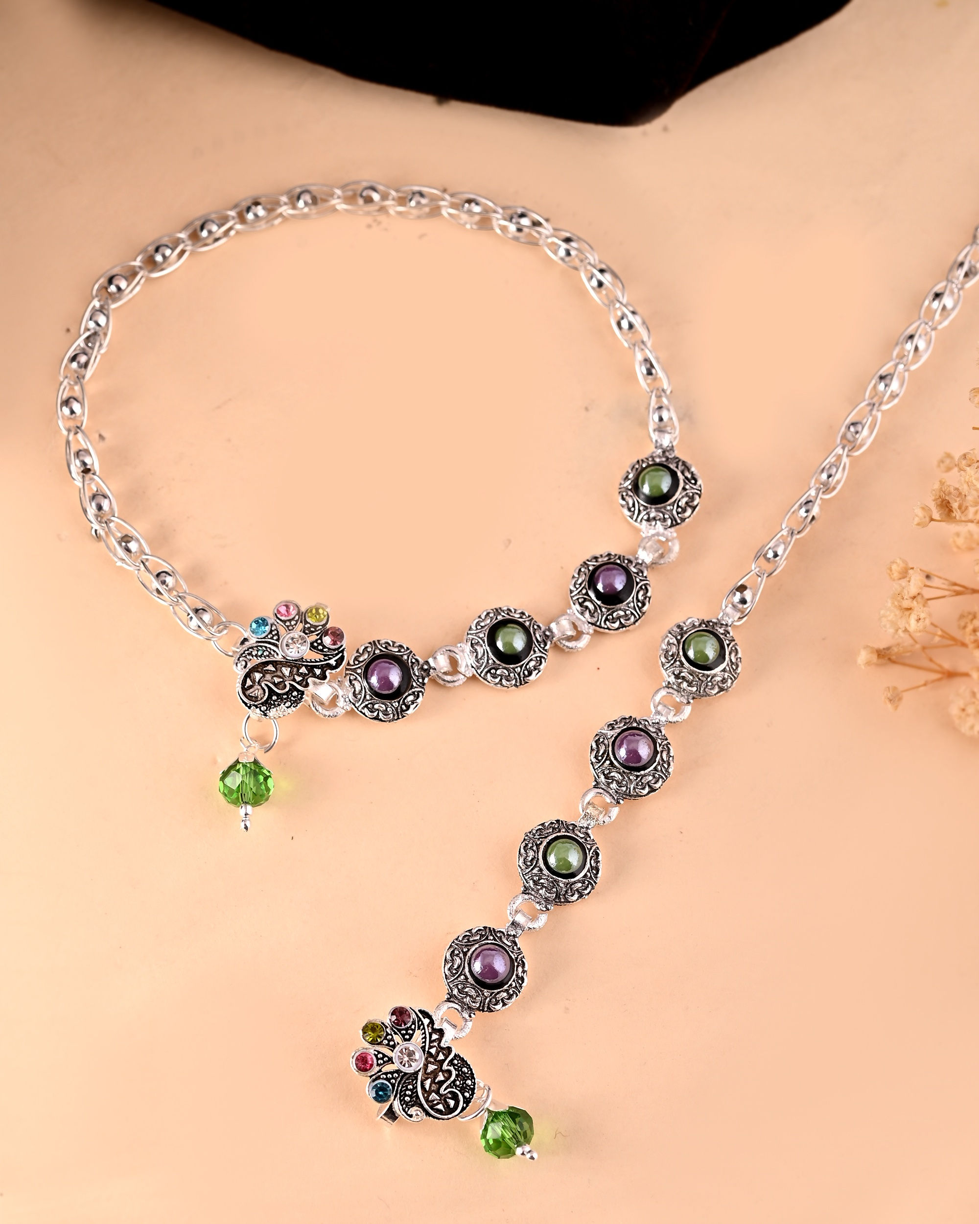 Set of 2 Handcrafted Stne Studded oxodized Anklet
