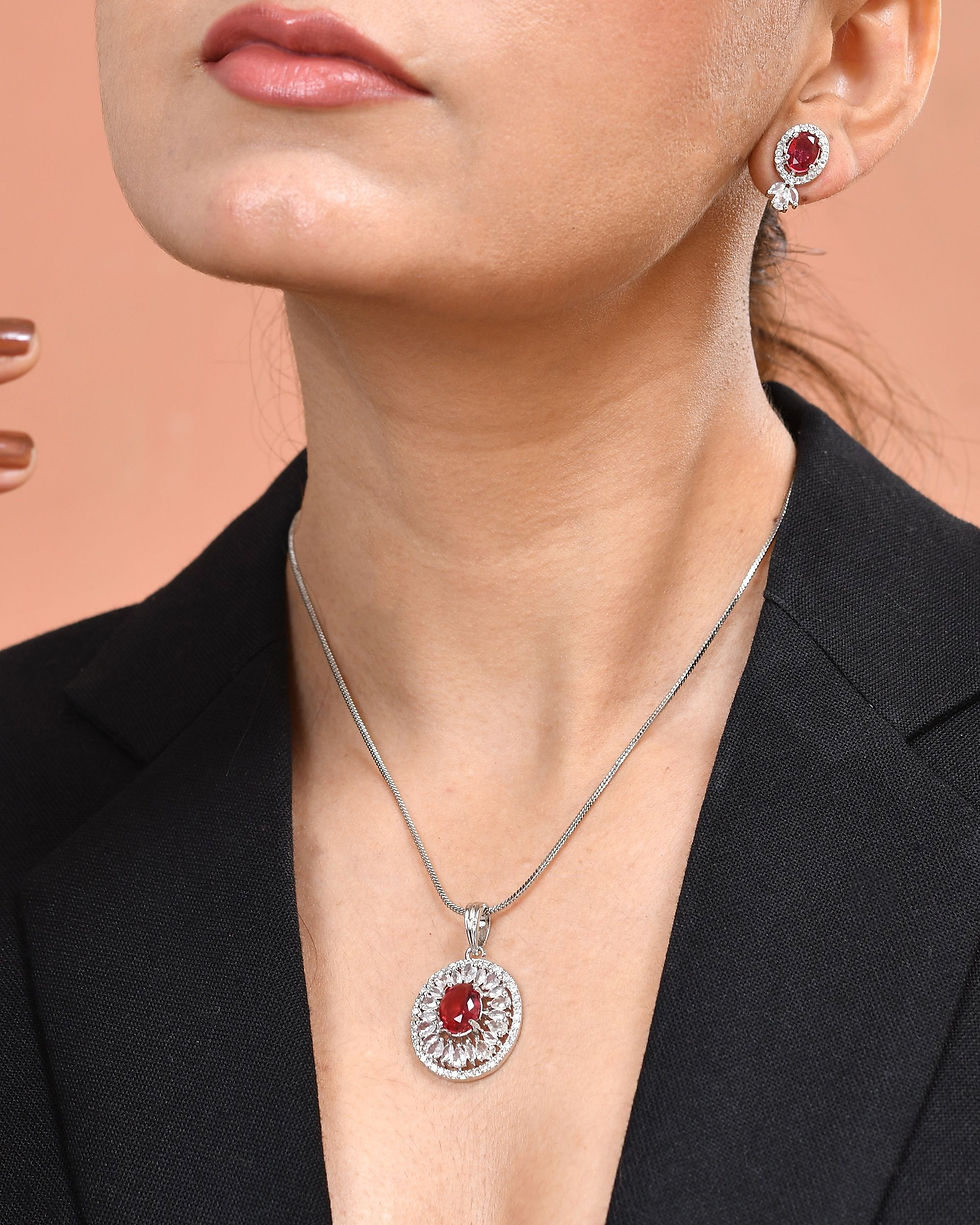 Thumbnail: Silver Plated Oval Shaped Ruby Red AD Chain Set