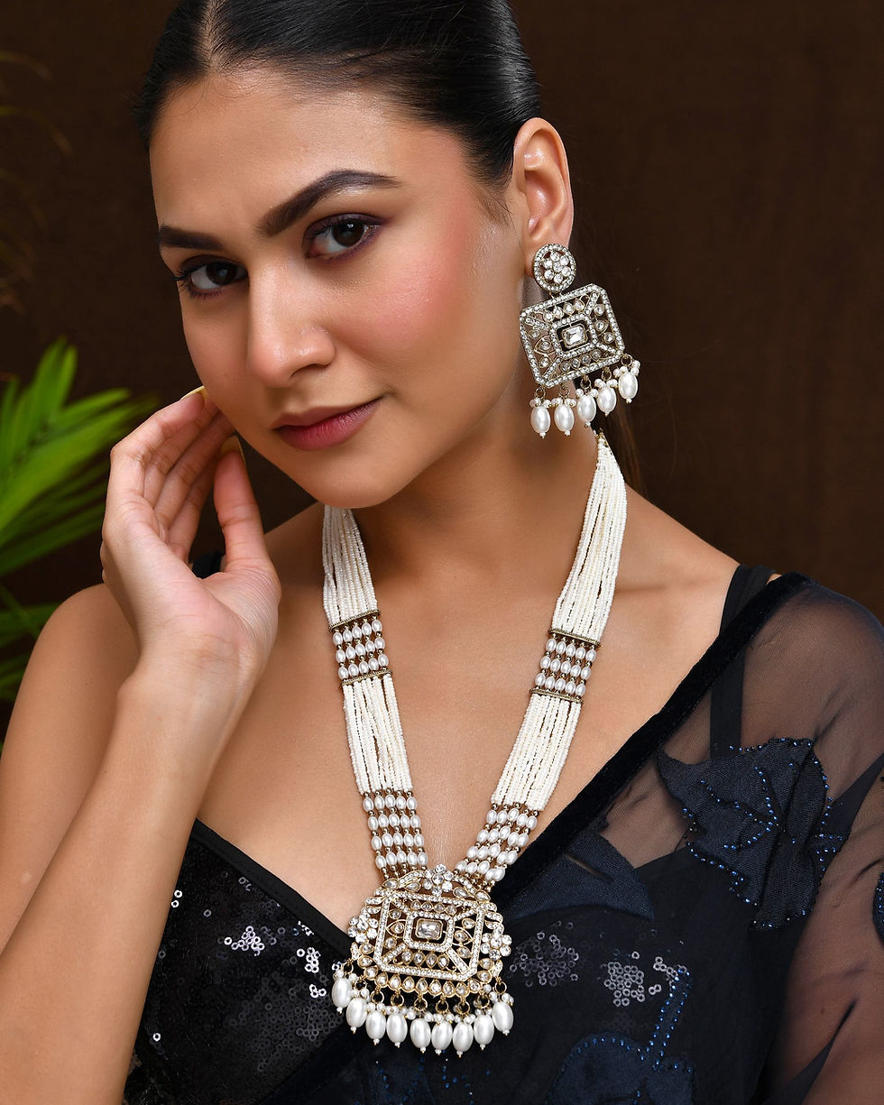 Thumbnail: Copper-Toned Artificial Stone Studded Geometrical Long Necklace And Earrings Set
