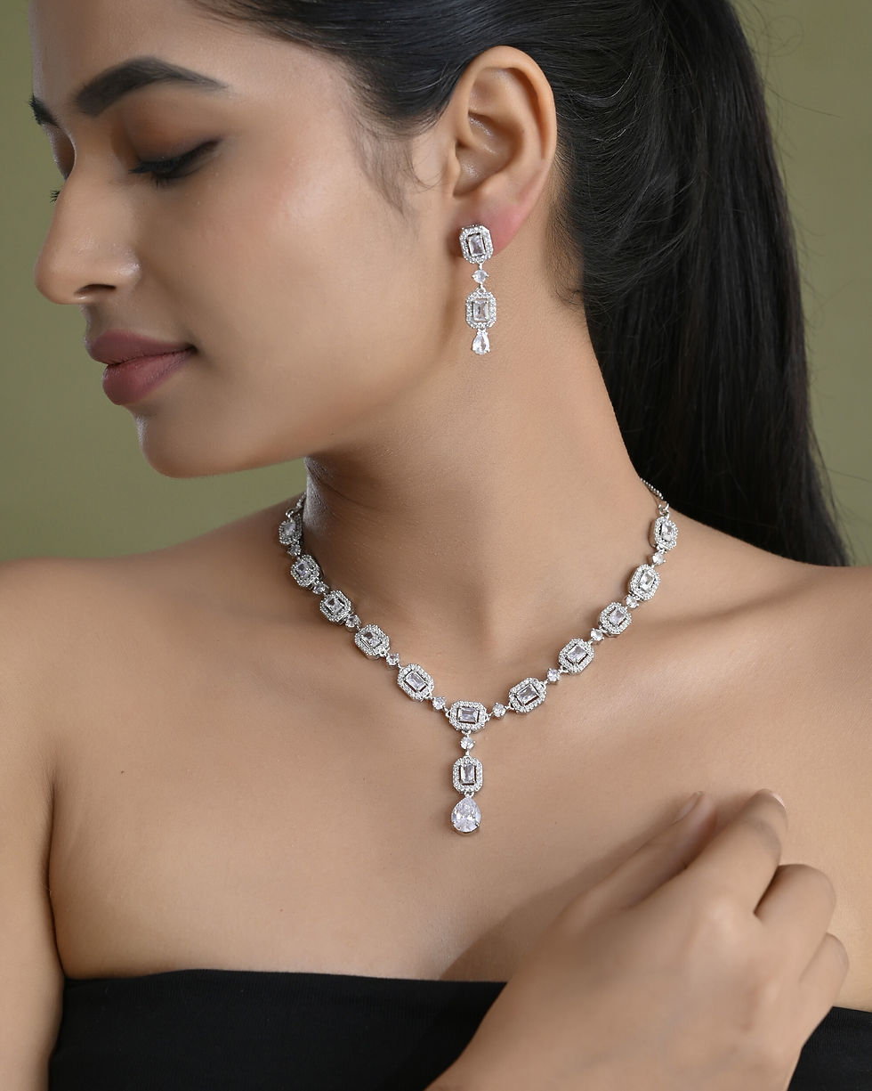 Thumbnail: Silver Plated Geometrical Shaped AD Jewellery Set