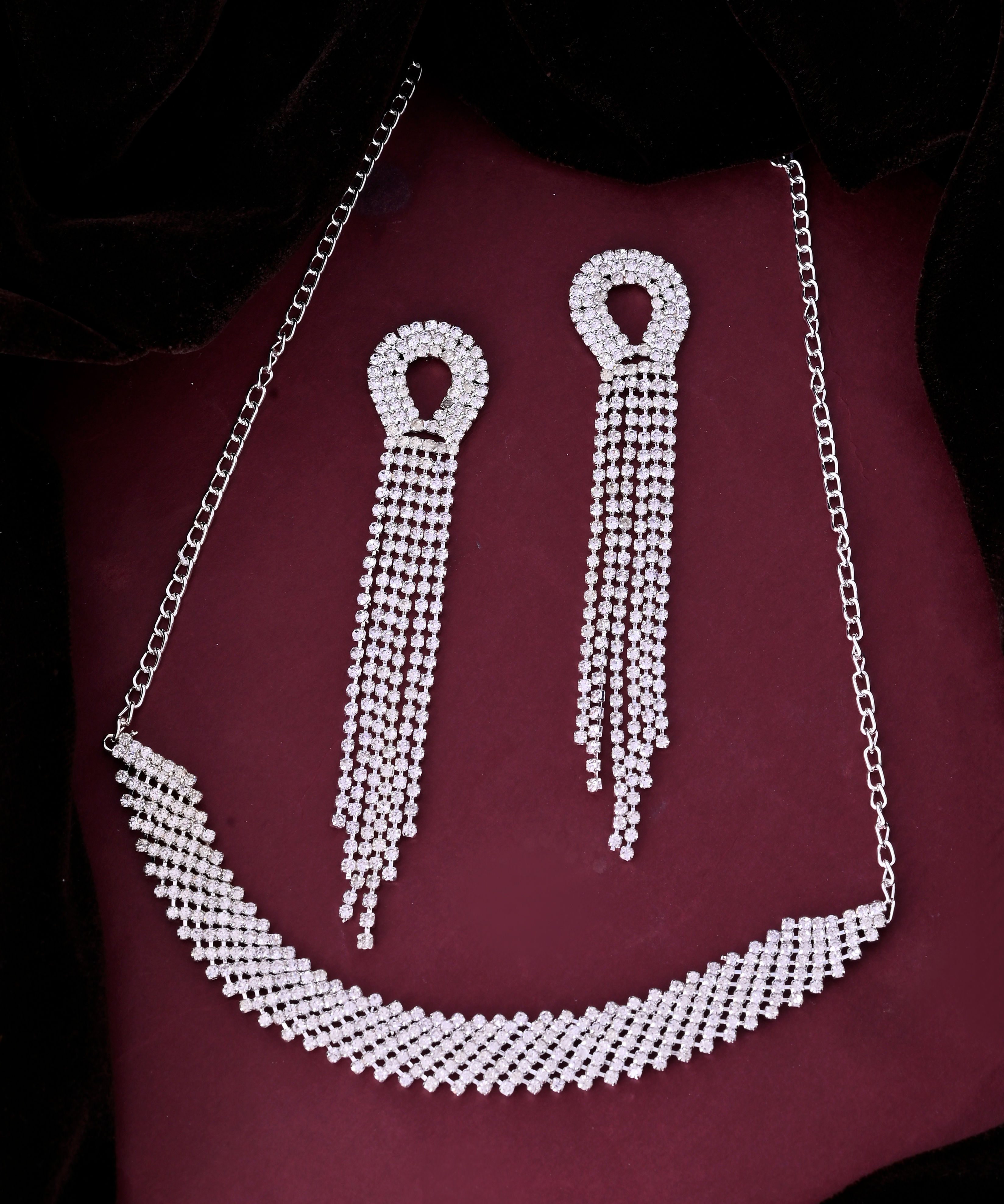 Silver Plated Stone Studded Necklace with Earrings Set