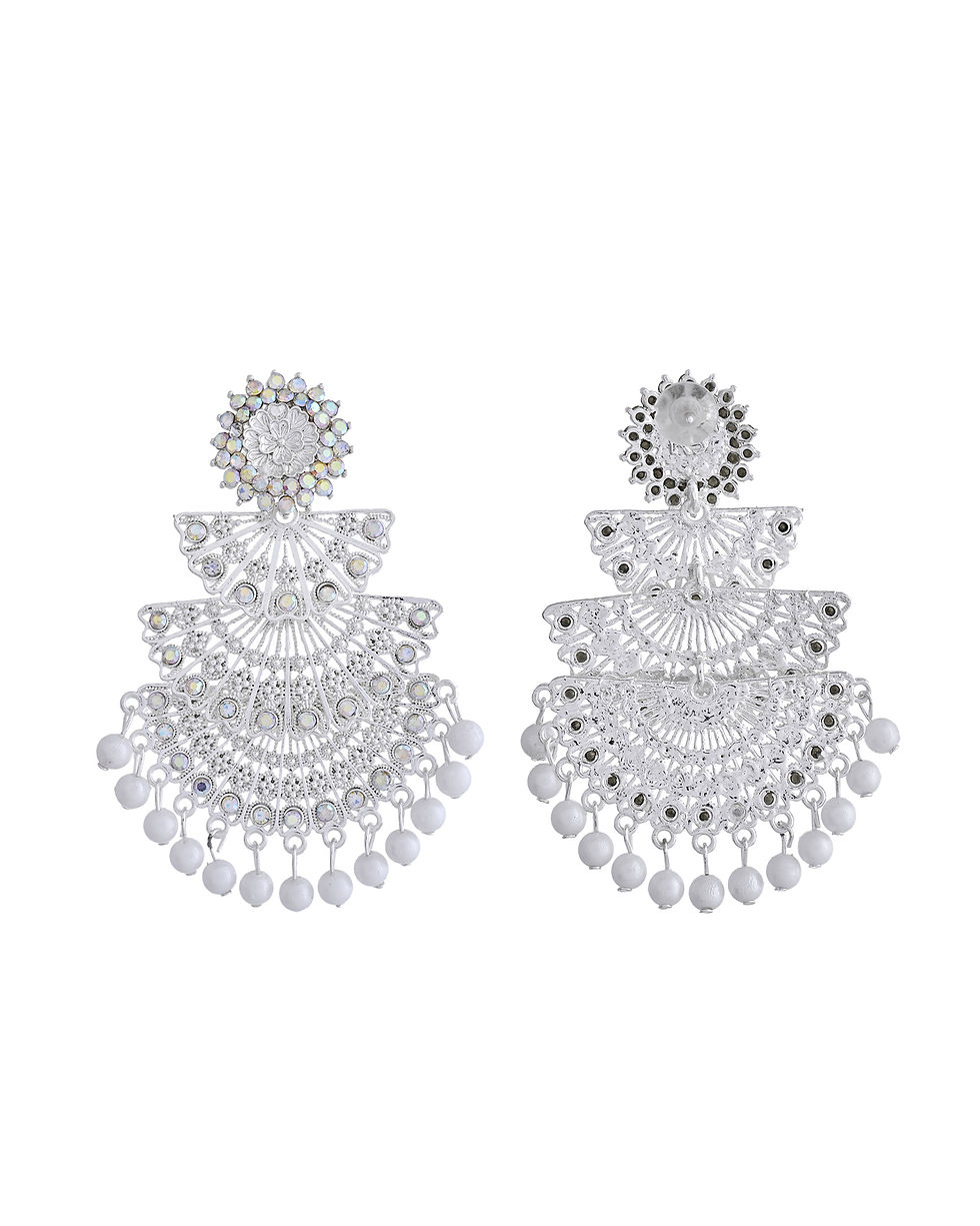 Thumbnail: White Oxidized Multi Layered Stone Studded Earrings