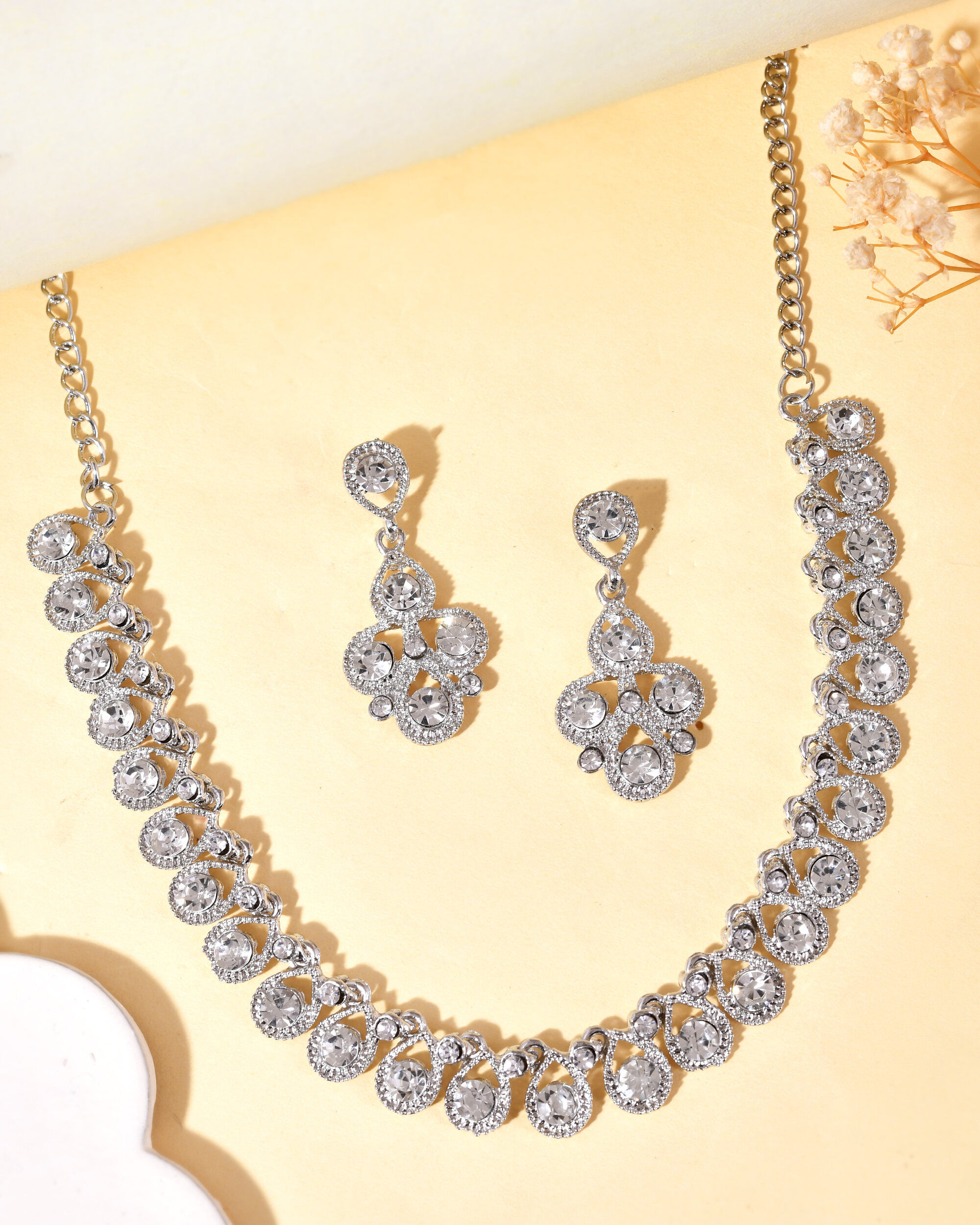 AD Stone Studded Silver Plated Necklace and Earrings Set