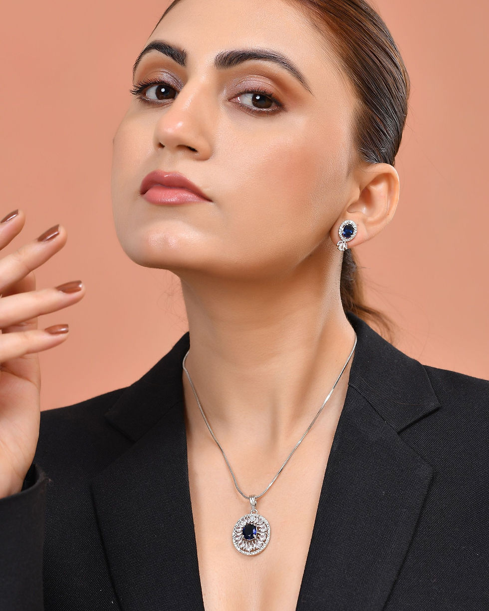 Thumbnail: Silver Plated Oval Shaped Blue Stone Studded AD Chain Set