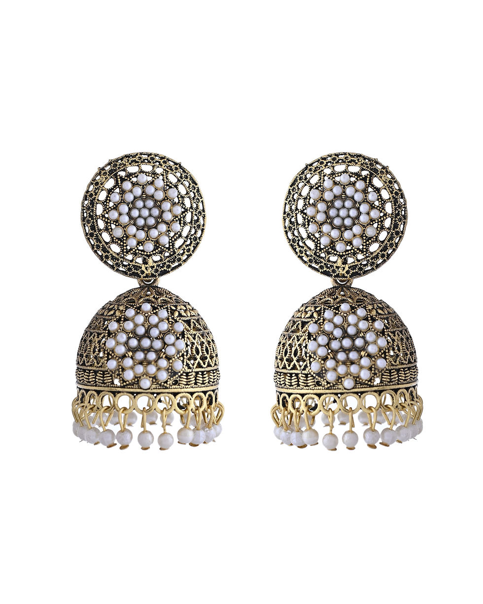 Thumbnail: Gold Toned Stone Studded Done Shaped With Pearl Jhumka Earrings