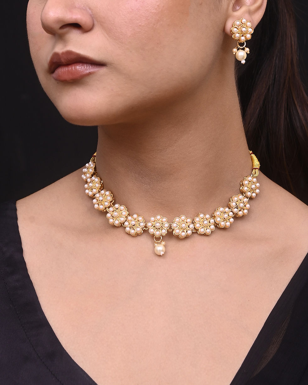 Thumbnail: Gold Plated Pearl Studded Floral Necklace And Earrings