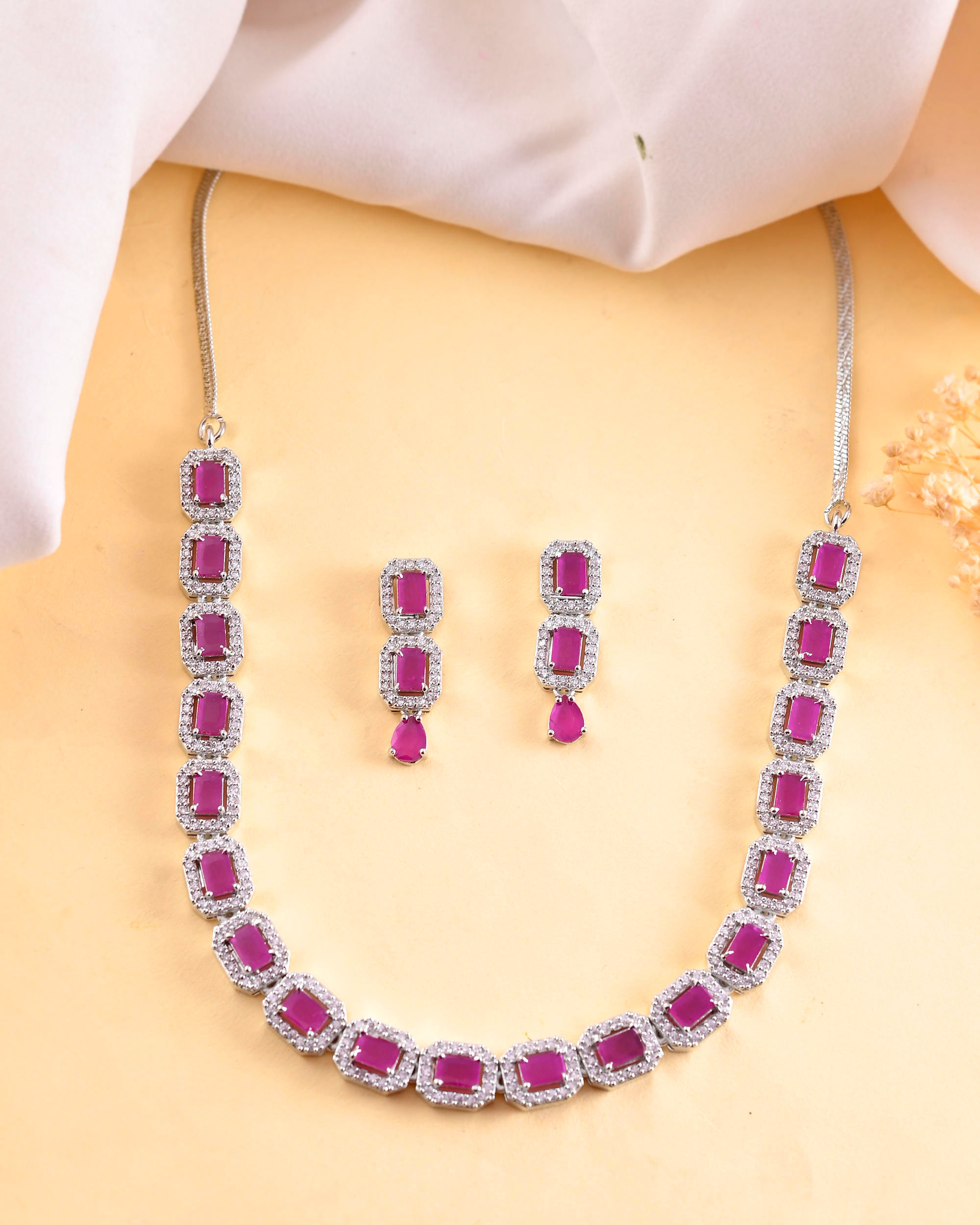 Silver Plated Pink Stone Studded Rectangular AD Jewellery Set