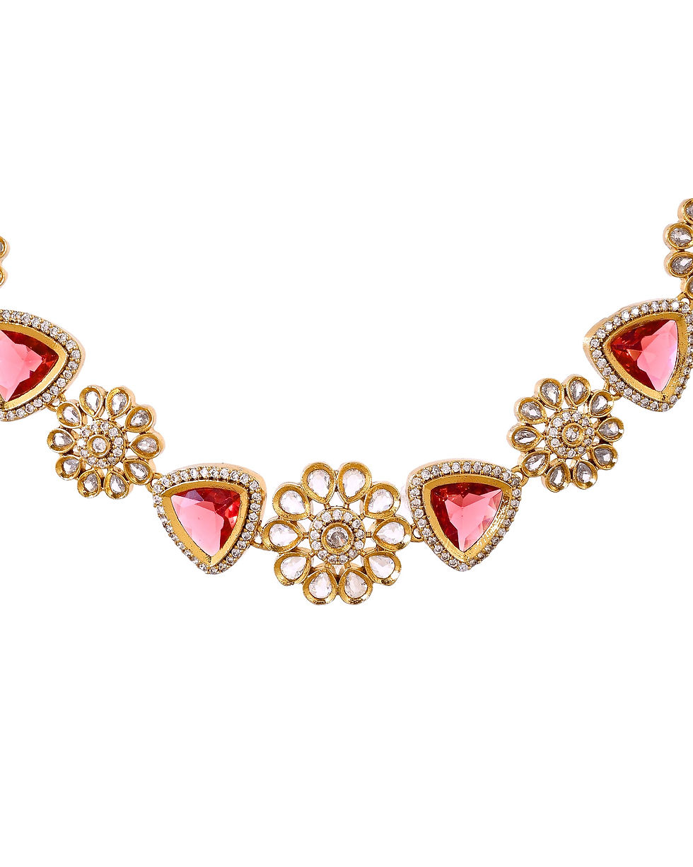 Thumbnail: Gold Tone Floral With Ruby Red Stone AD Necklace Set