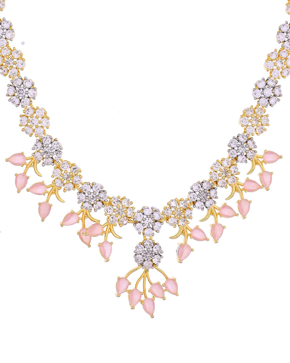 Thumbnail: Gold-Toned AD Stone Studded Floral Necklace & Earrings Set with Baby PInk Stone