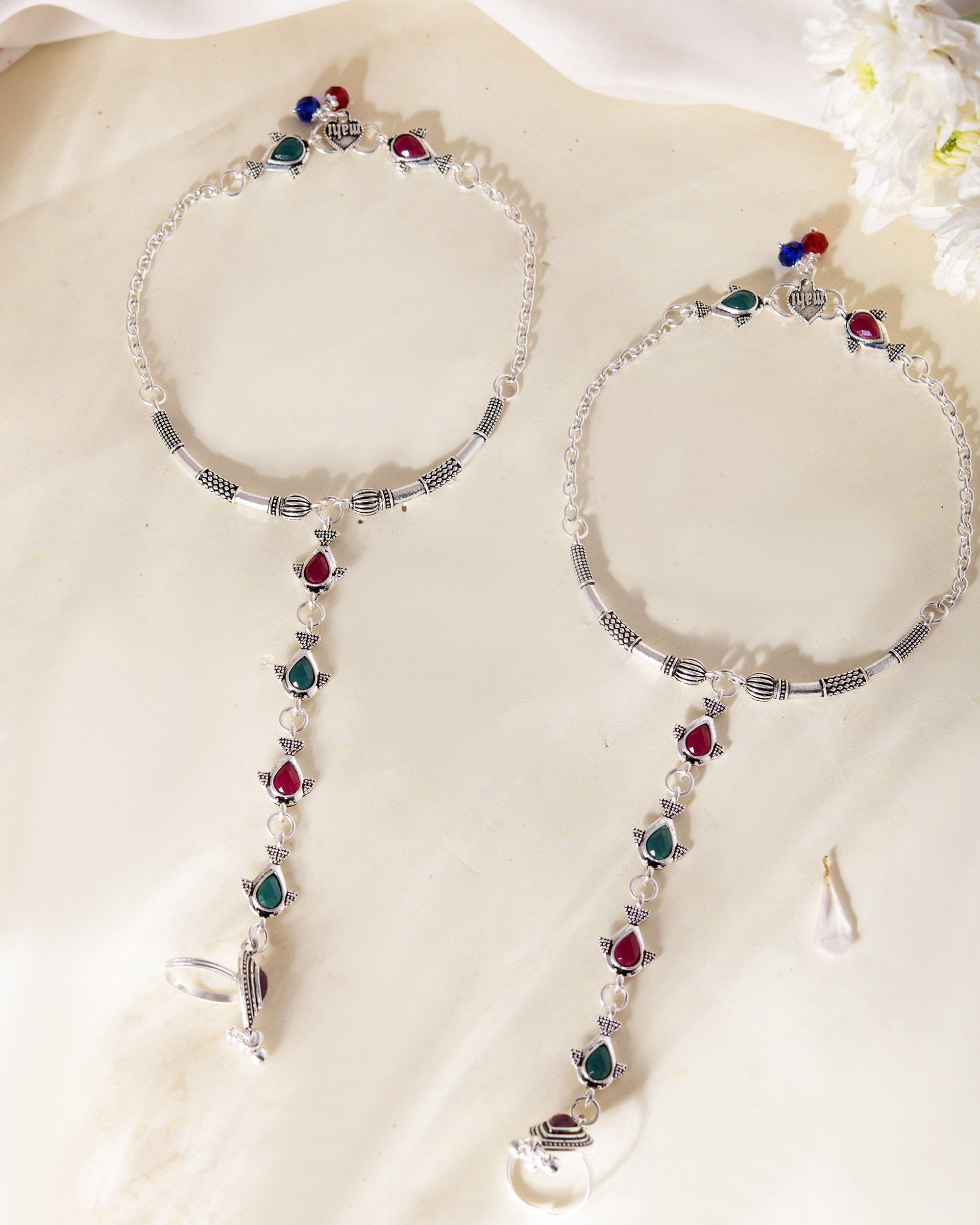 Set of 2 Silver Toned Meenakari Anklet With Toe Ring