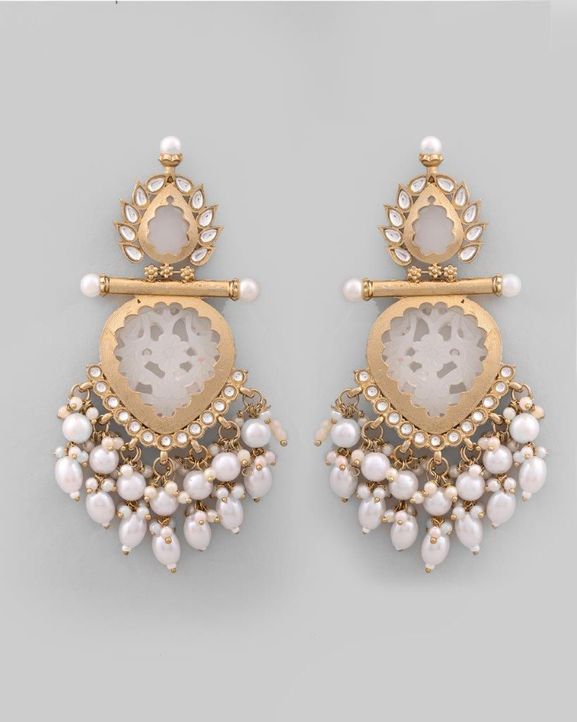 Thumbnail: Gold Plated White Colour Drop And Dangle Statement Earrings