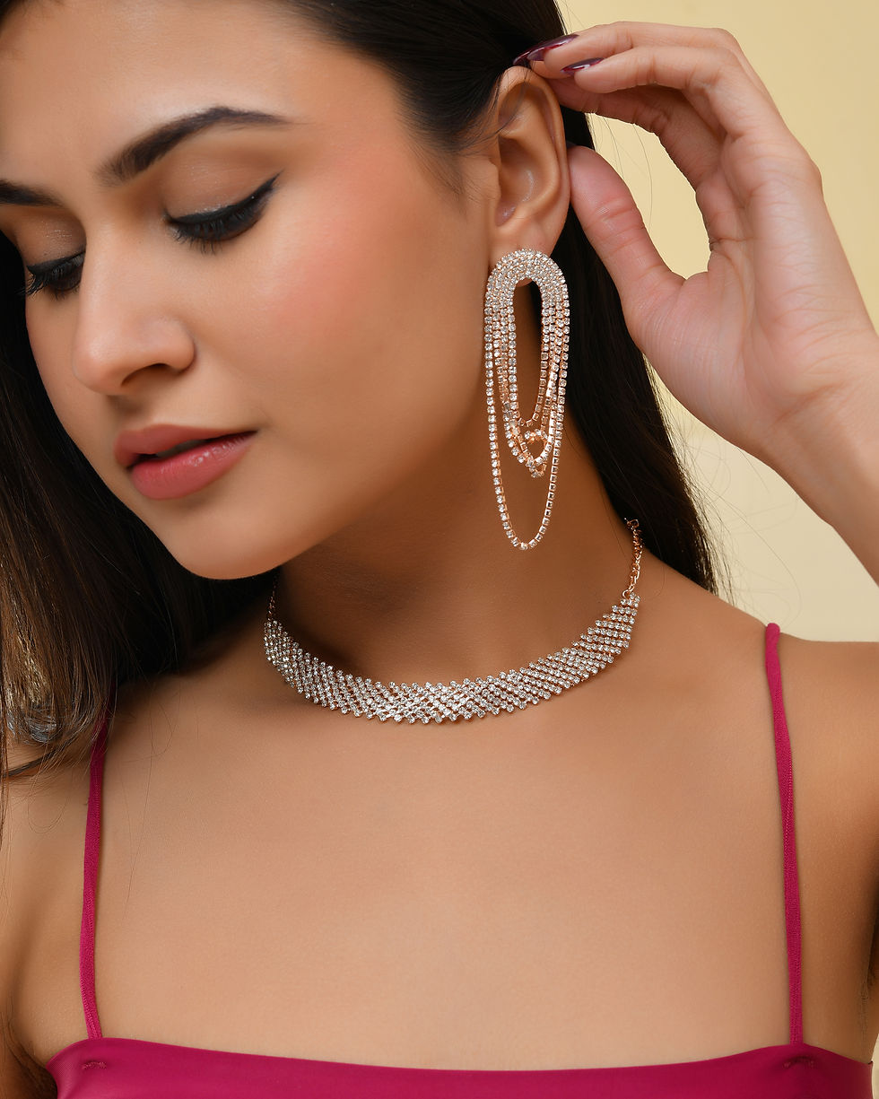Thumbnail: Gold Plated Stone Studded Necklace with Earrings Set