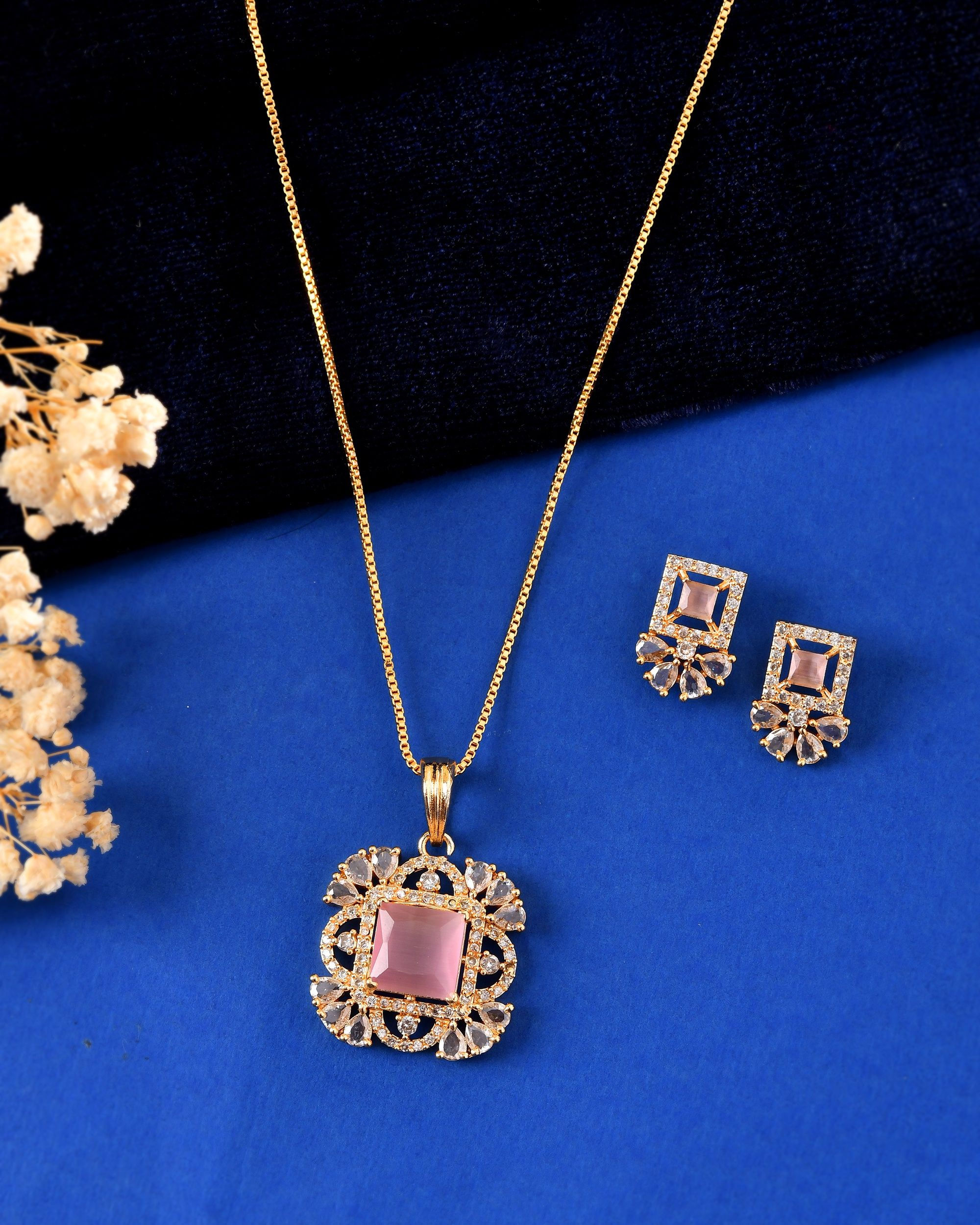Gold Plated Baby Pink Square AD Stone Studded Chain Set