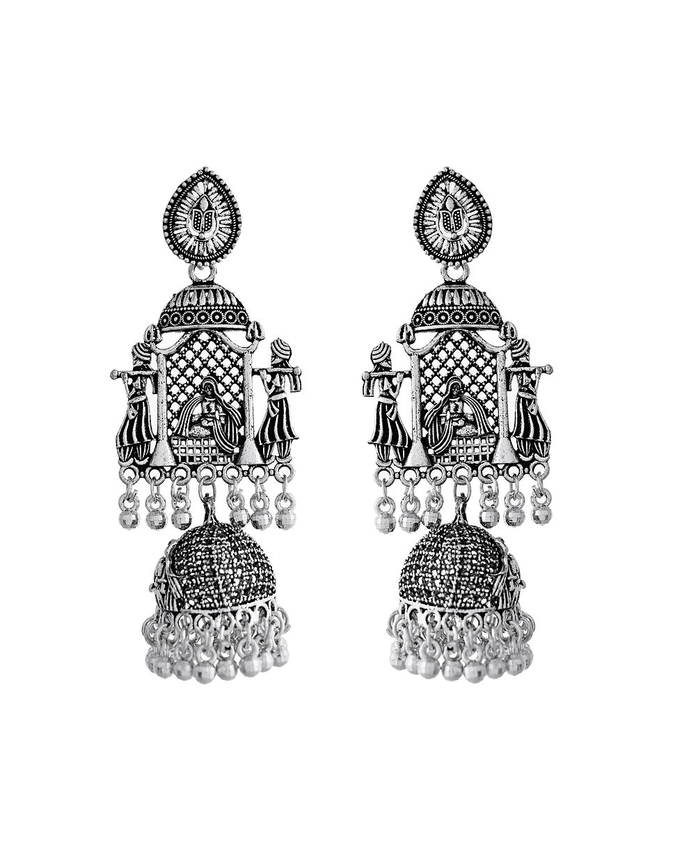 Thumbnail: Silver Plated Oxidized Temple Long Earrings