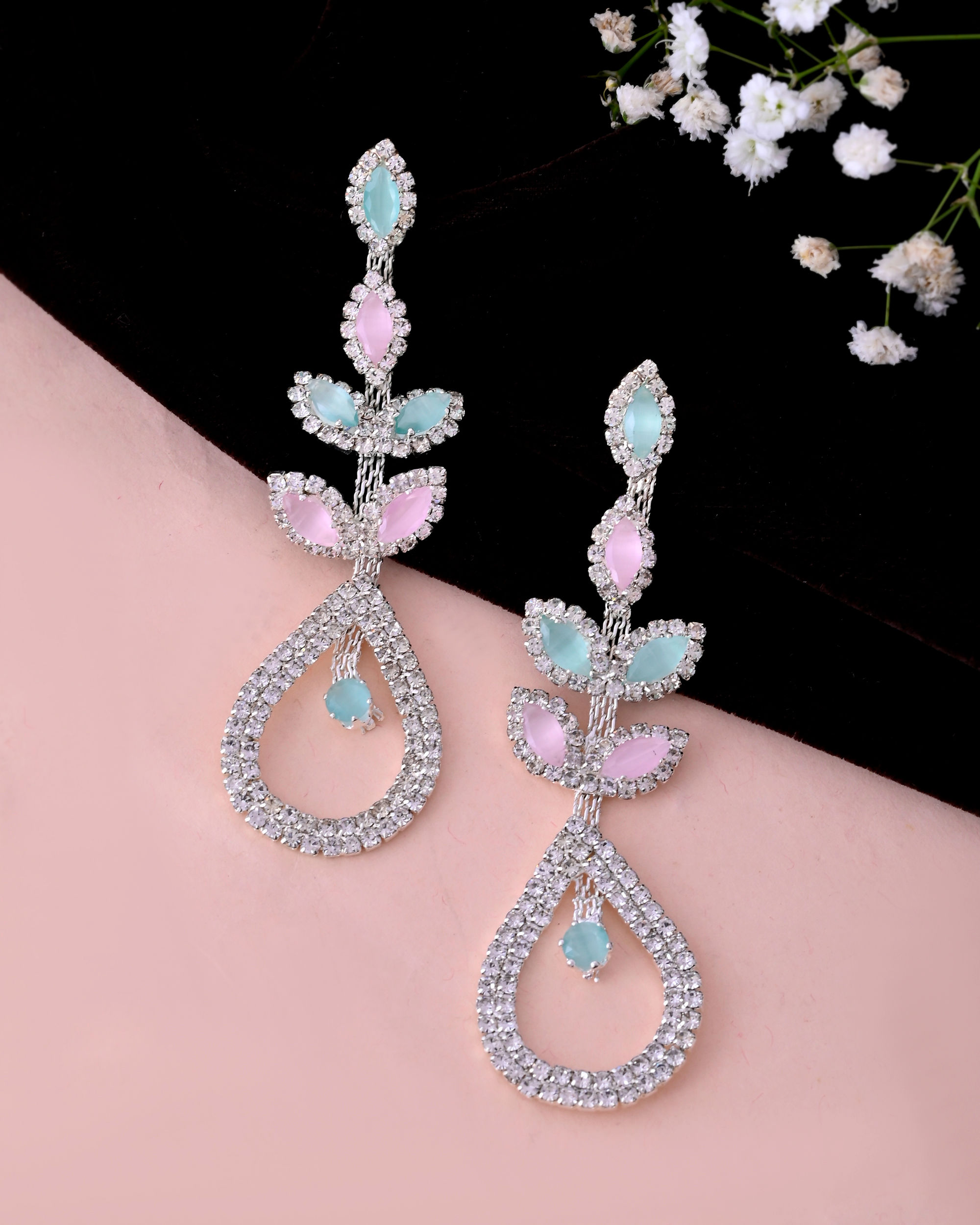 Silver-Toned Mind Green And Pink Tear Drop Shaped Drop Earrings
