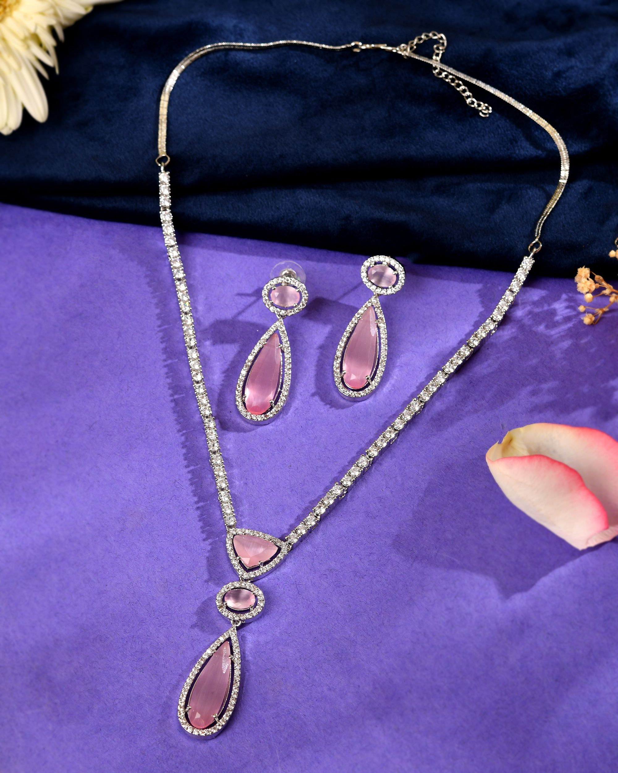 Silver-Plated AD & Baby Pink Cubic Zirconia Studded Jewellery Set