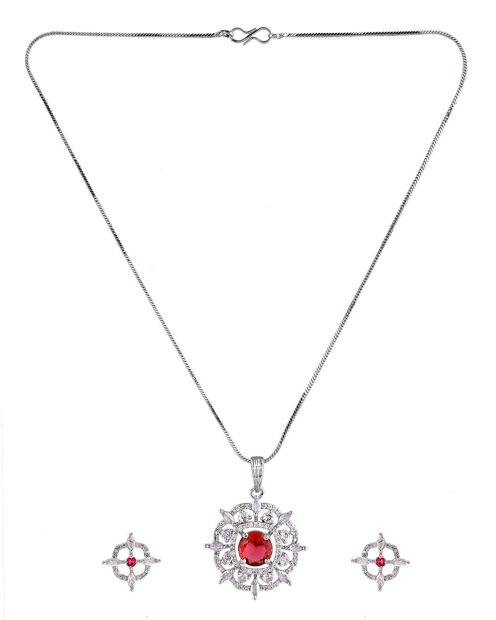 Thumbnail: Silver Plated Ruby Red Circulare Stone Studded Sun Shaped AD Pandent With Chain