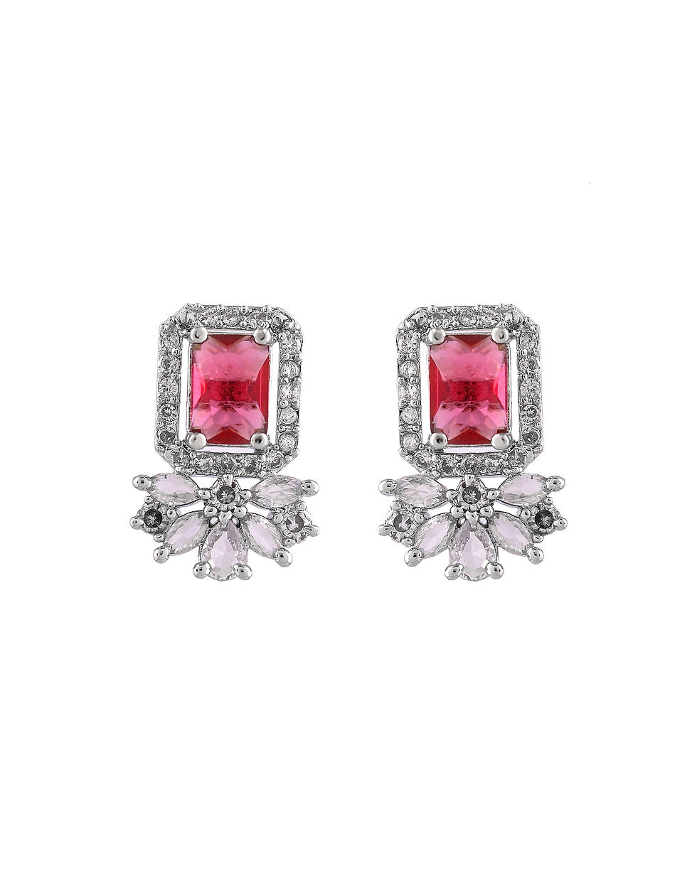 Thumbnail: Silver Plated Ruby Red Rectangular Stone Studded AD Chain Set