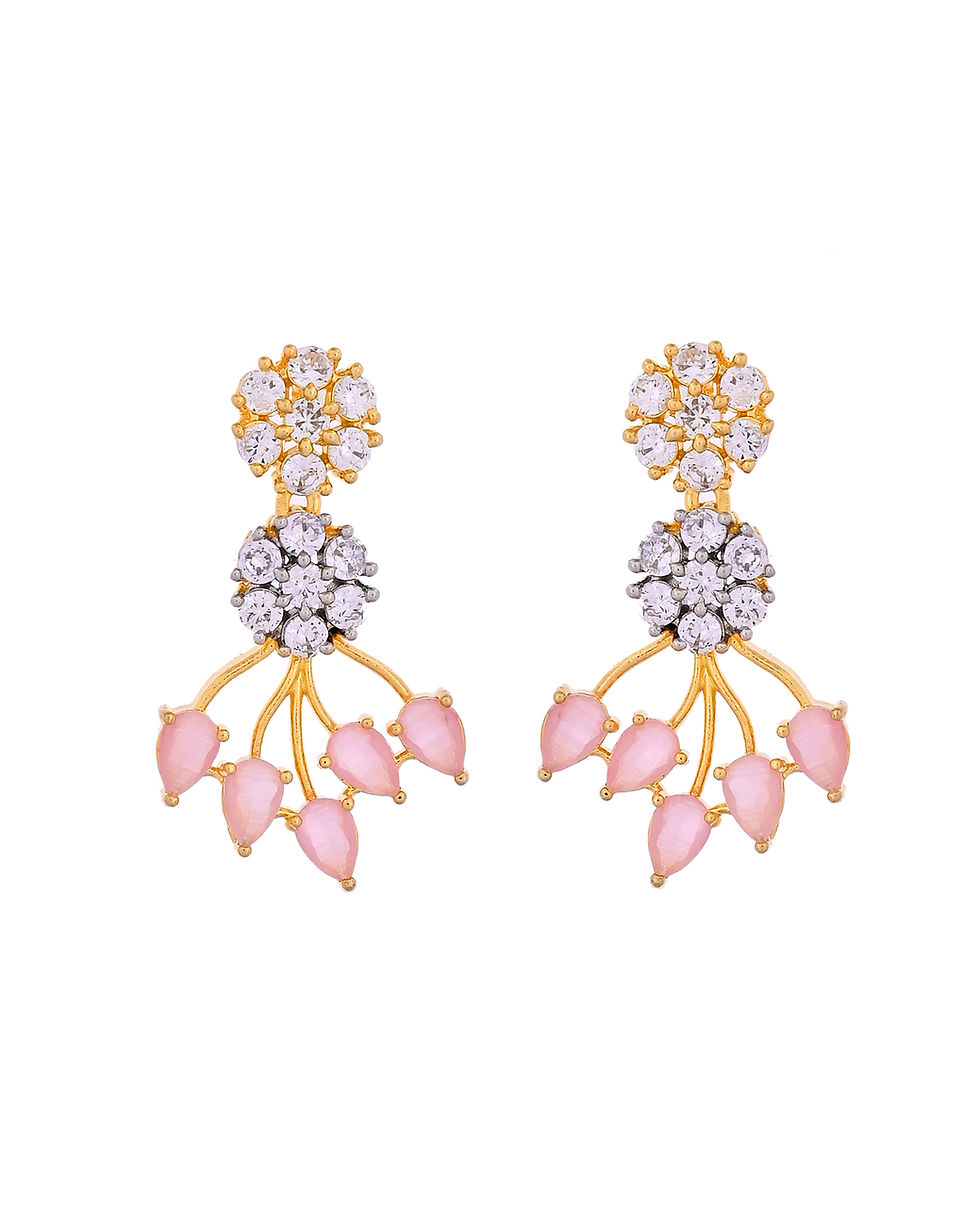 Thumbnail: Gold-Toned AD Stone Studded Floral Necklace & Earrings Set with Baby PInk Stone