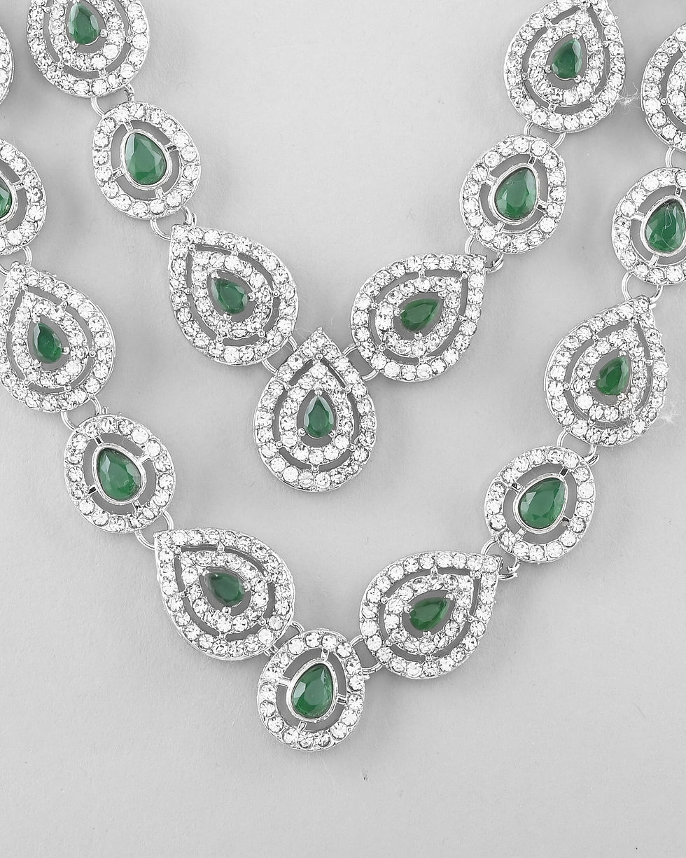 Thumbnail: AD Studded with White and Green Stone Layered Jewellery Set