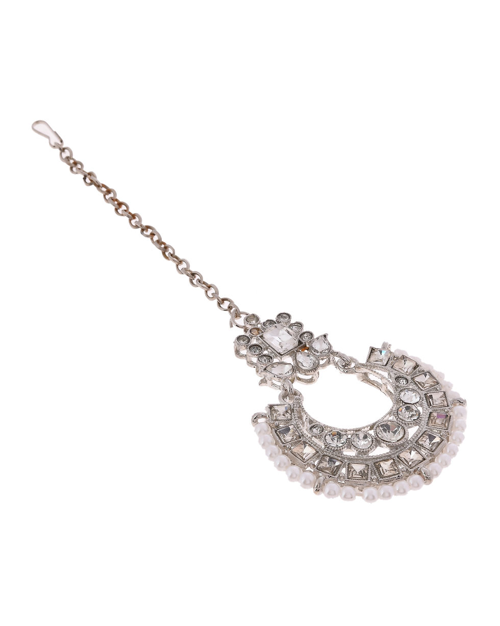 Thumbnail: Silver Plated Stone Studded Jewellery Set With Maang Tikka