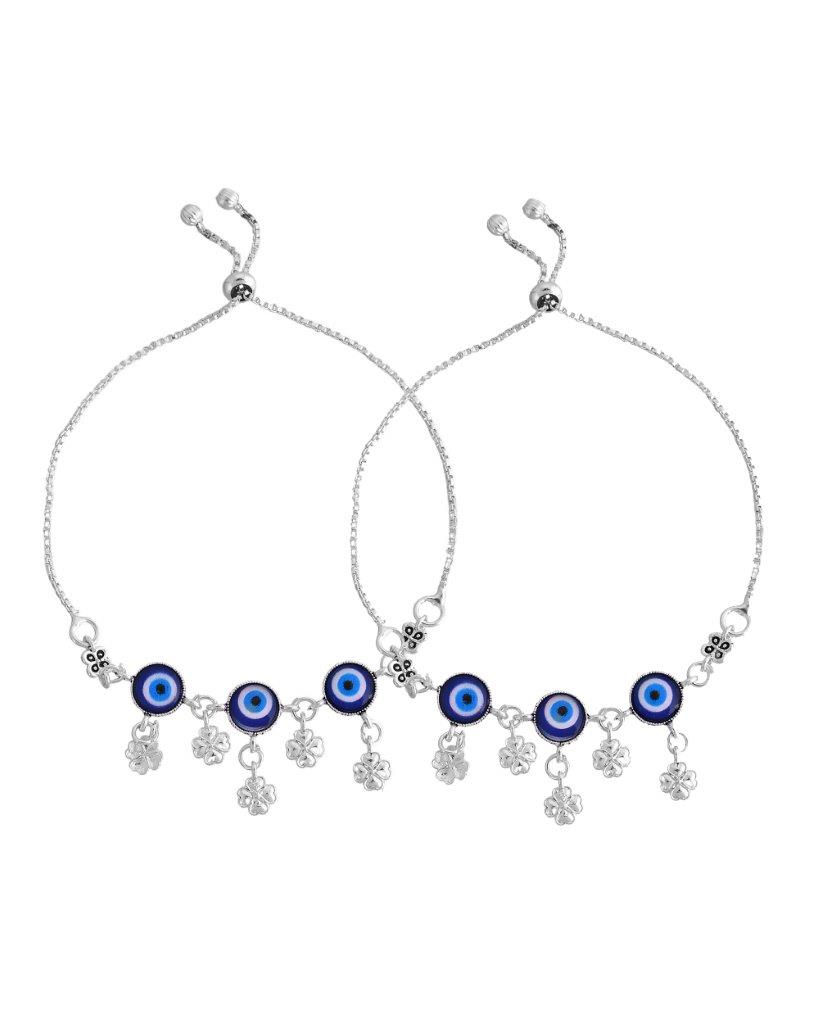 Thumbnail: Set Of 2 Silver Plated Evil Eye Handcrafted Anklets