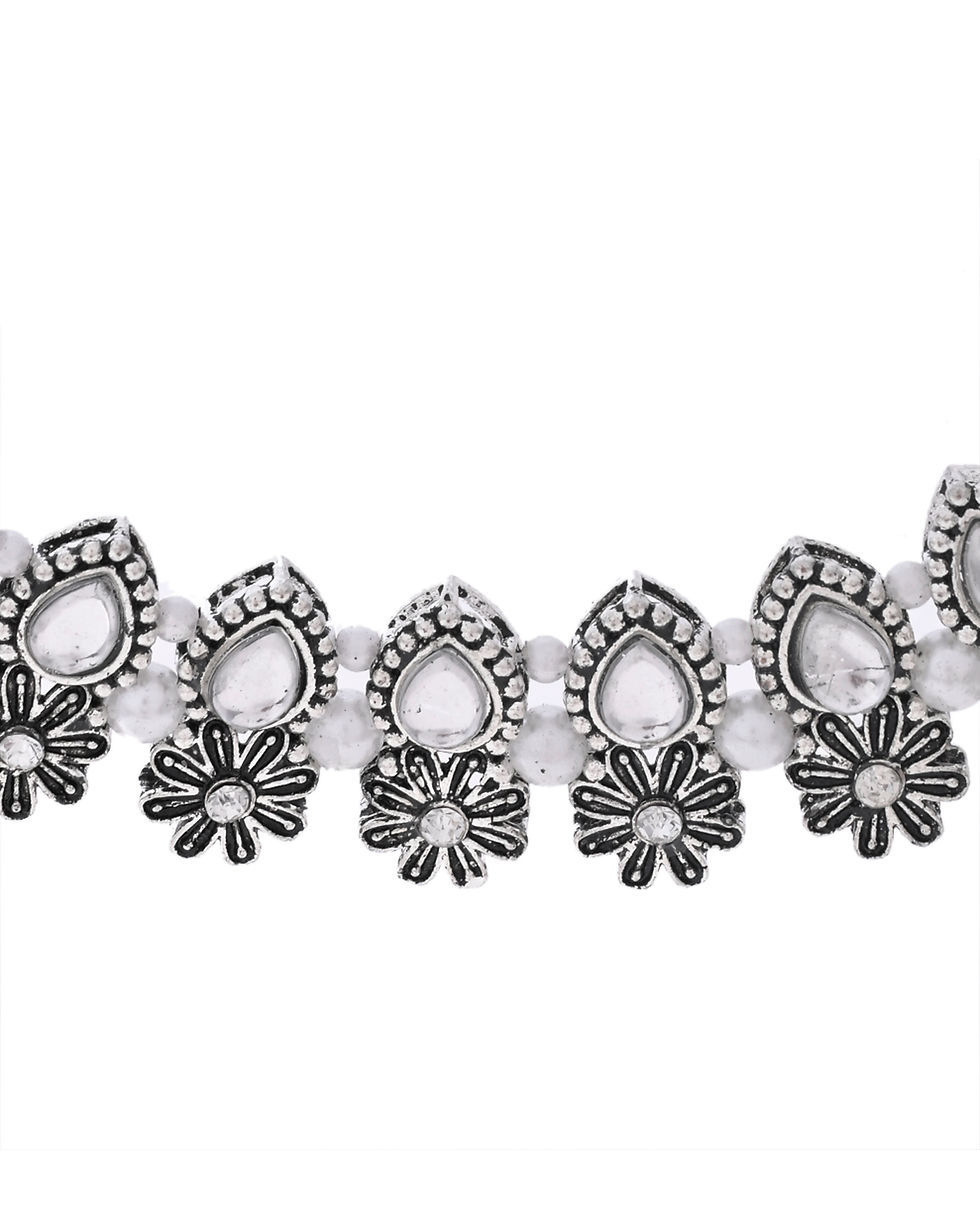 Thumbnail: Oxidized Floral Designed Stone Studded Necklace Set