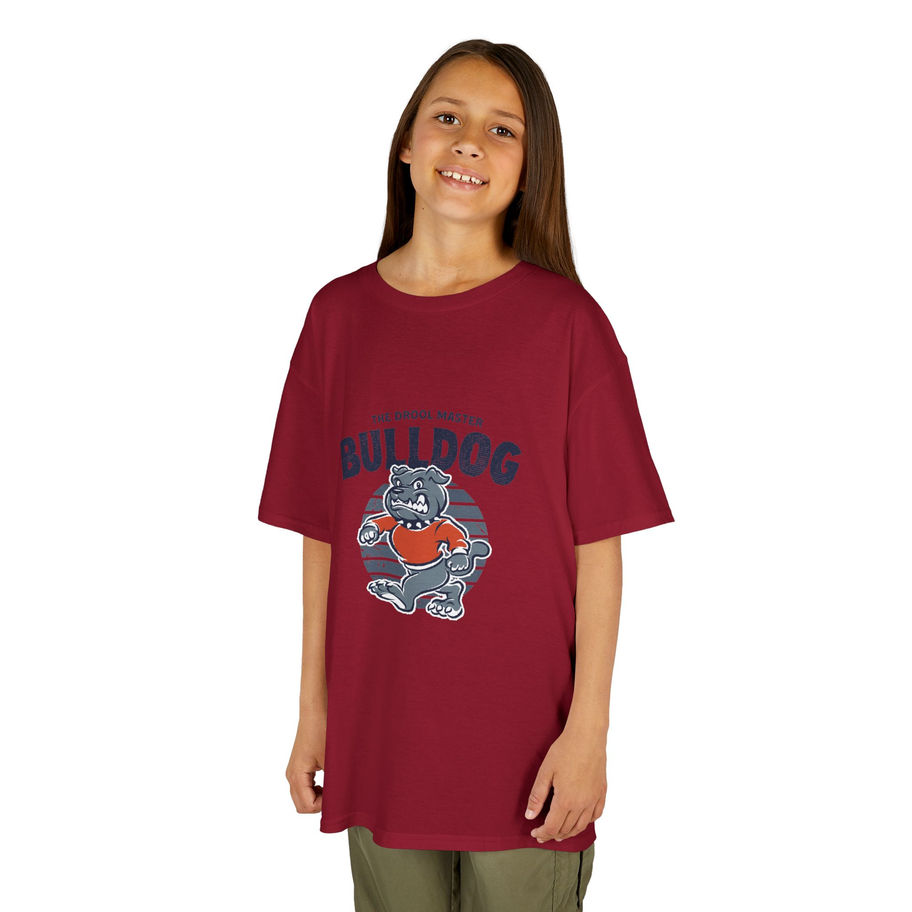 Woman wearing a dark red oversized graphic print T-shirt with purple and black design