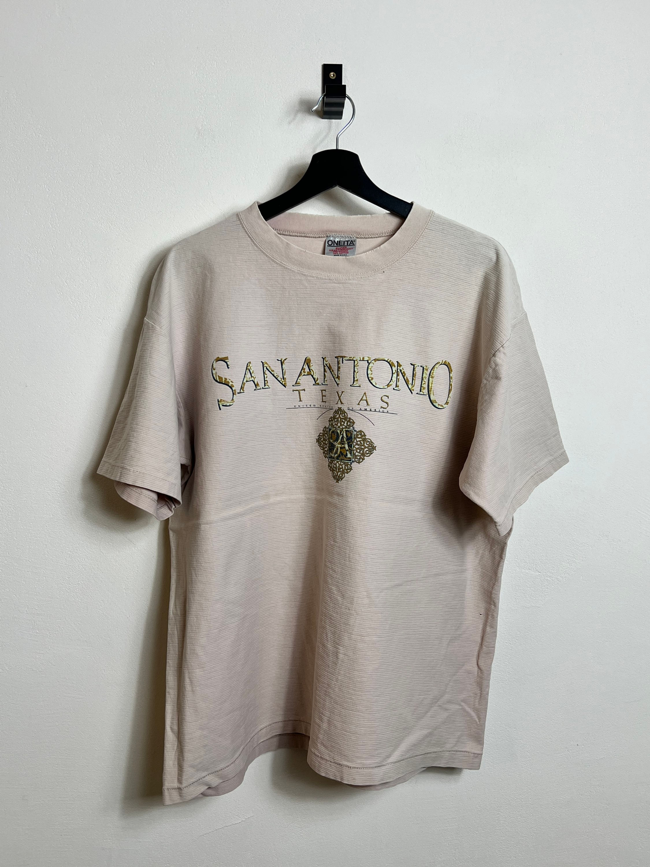 VTG San Antonio T Shirt boxy L striped beige Oneita USA made Souvenir 90s Single