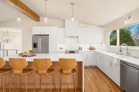 Midcentury Modern kitchen interior design with vaulted ceiling.