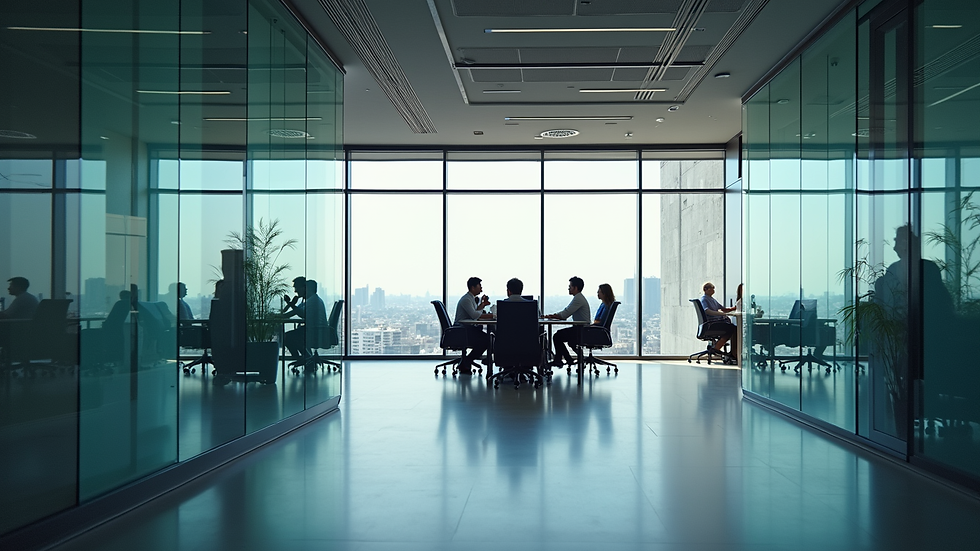 Vista dall'alto di un ufficio moderno con team che lavora su strategie finanziarie