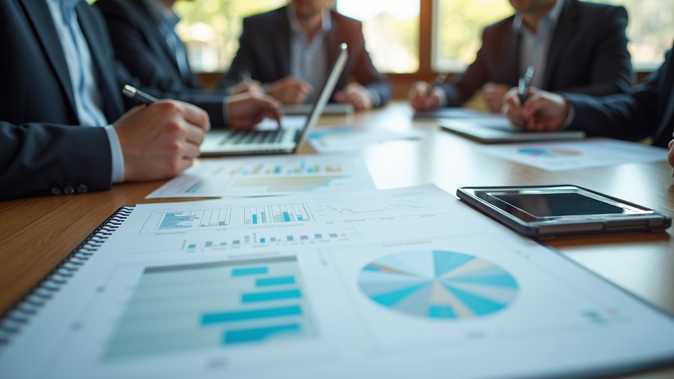 Eye-level view of a business meeting with charts and laptops on the table