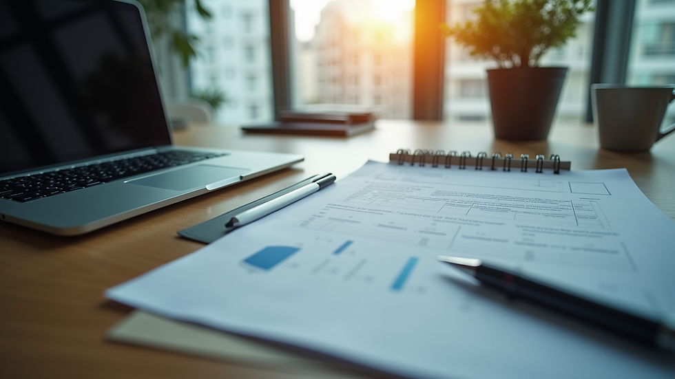 Vista dall'alto di un ufficio moderno con documenti finanziari e laptop