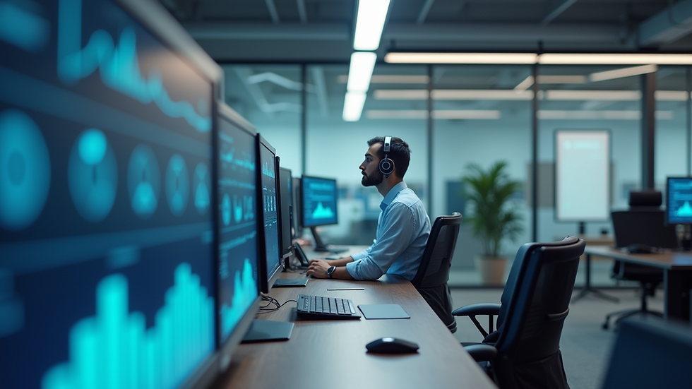Eye-level view of a modern office with AI-powered customer service dashboard