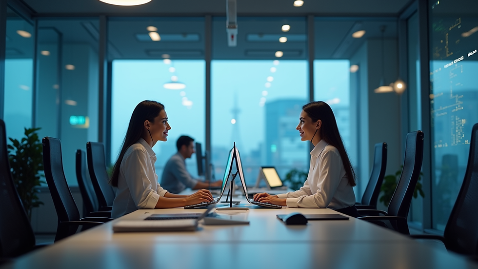 Eye-level view of a modern office with AI-powered customer support dashboard