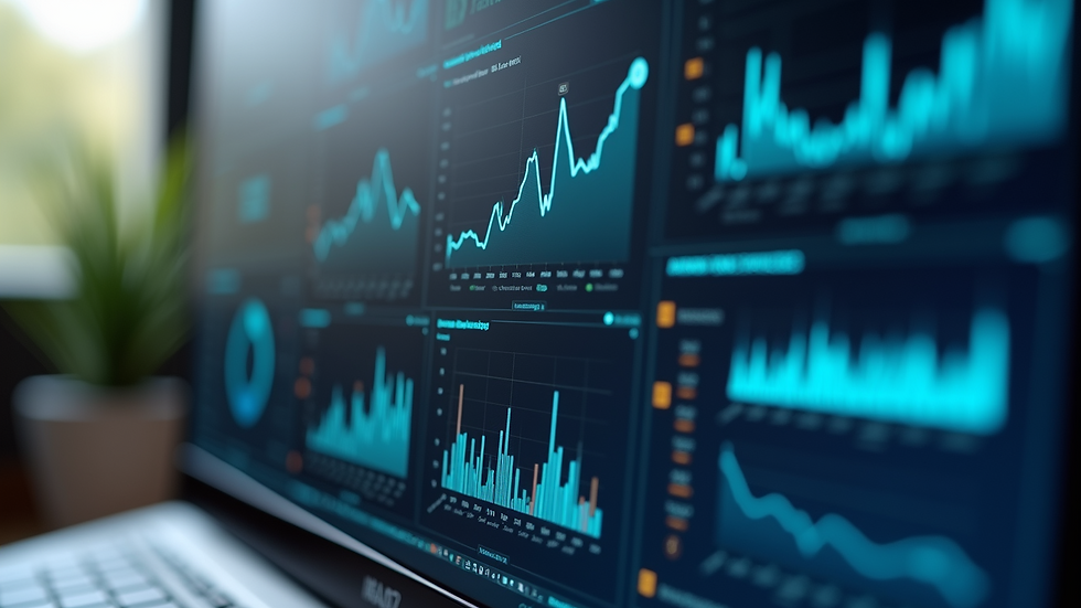 Close-up view of a computer screen displaying AI software interface with charts and automation workflows
